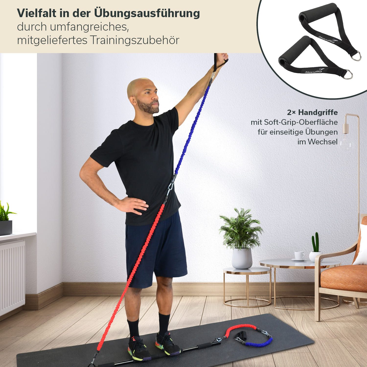 Skandika Trainingsbänder Multi-Widerstandsbänder mit Stange, Pilates Bar mit Resistance Bands, Krafttraining, 3 Widerstandsstufen, Online Trainingsguide,viel Zubehör