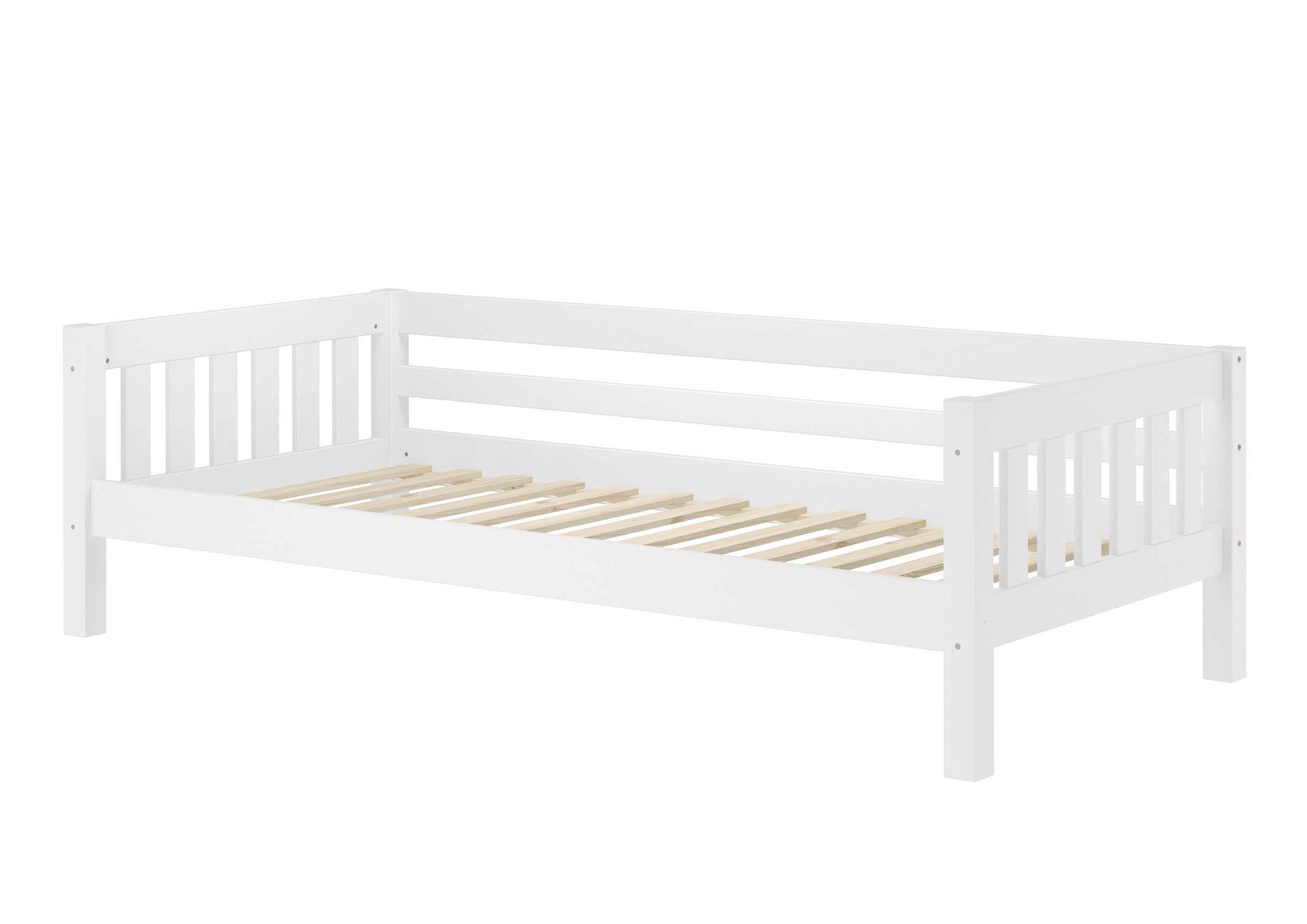 ERST-HOLZ Bett Gemütliches Kinderbett mit Dreiseitiger Sicherung 90 x 200 Kiefer Weiß, Kieferwaschweiß