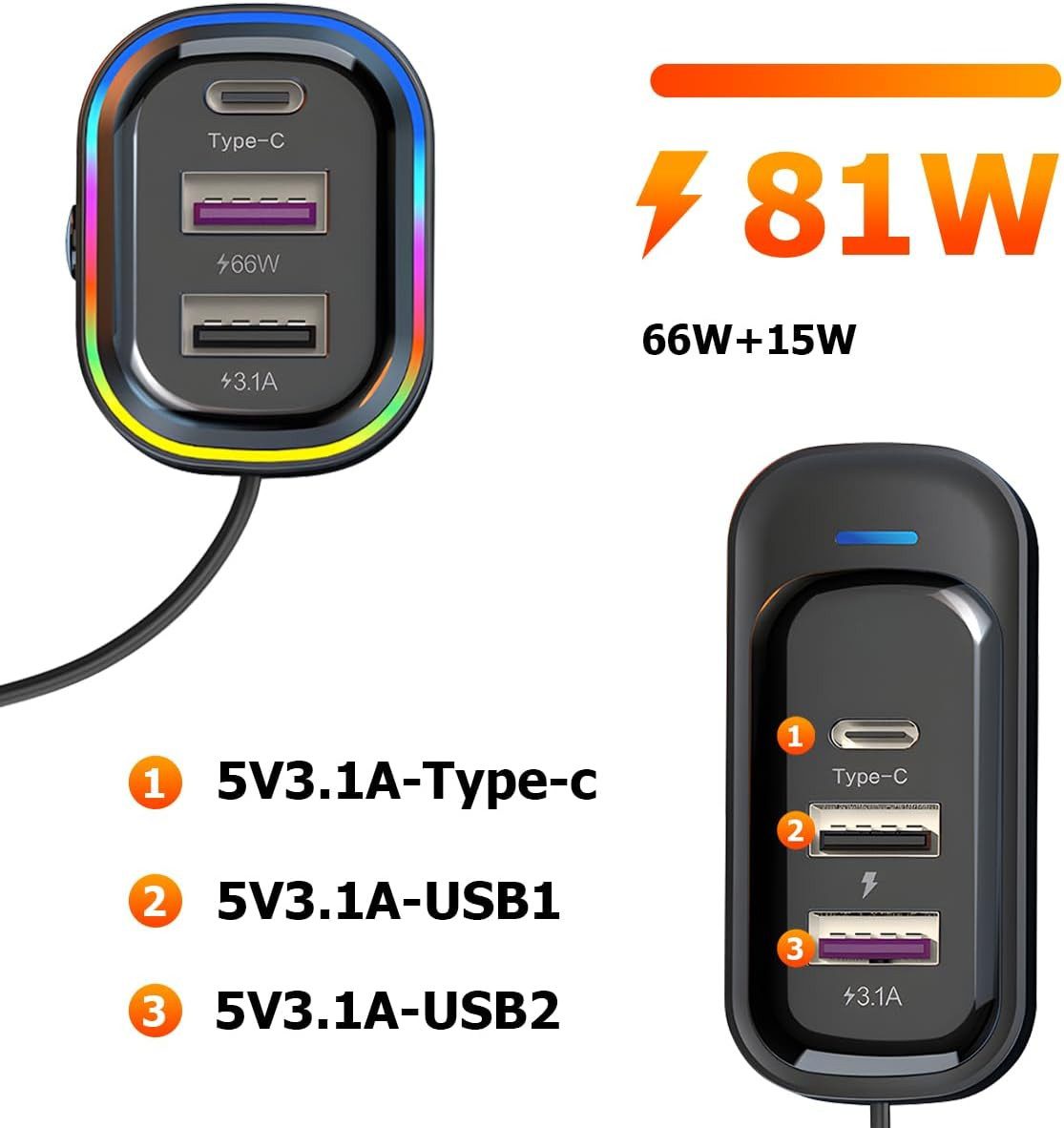 neue dawn Auto Ladegerät 66W Schnellladegerät USB C Zigarettenanzünder Adapter KFZ-Netzteil (KFZ 66W Schnellladegerät, 6 Port, 4*USB A + 2*Type C, USB C Ladeger – Bild 4 von 5