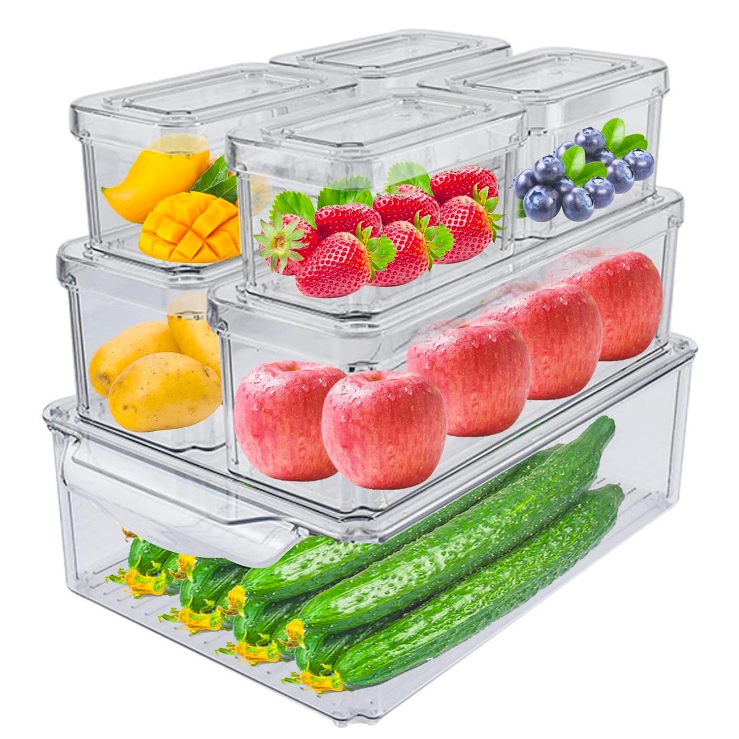 NUODWELL Aufbewahrungsbox Korbeinsatz mit Deckel für Kühlschrank,  Stapelbar, BPA Frei,7er-Set (7 St)