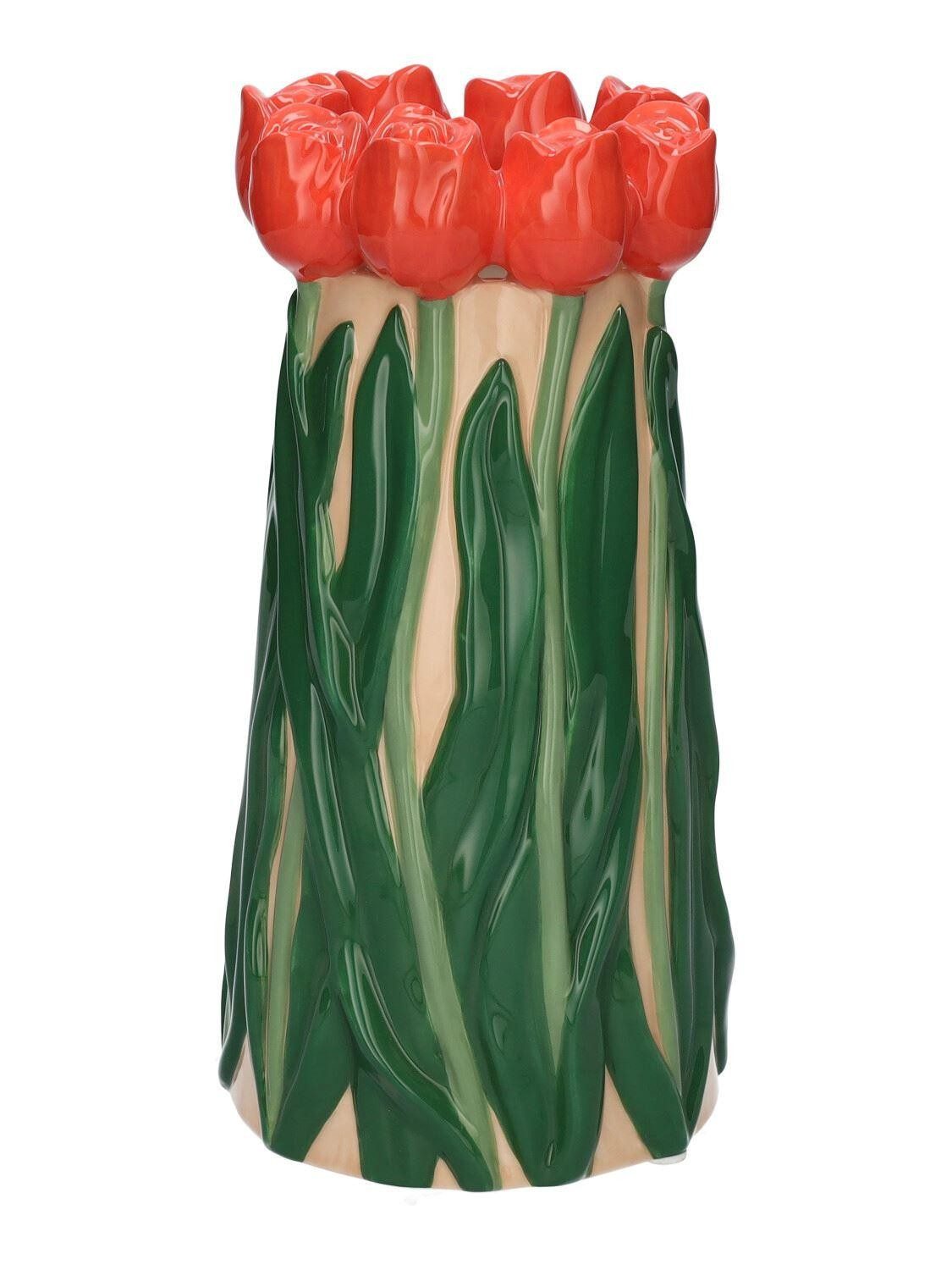 INNA-Glas Dekovase Blumenvase LIMEA aus Dolomit, 3D Tulpen, beige-ro