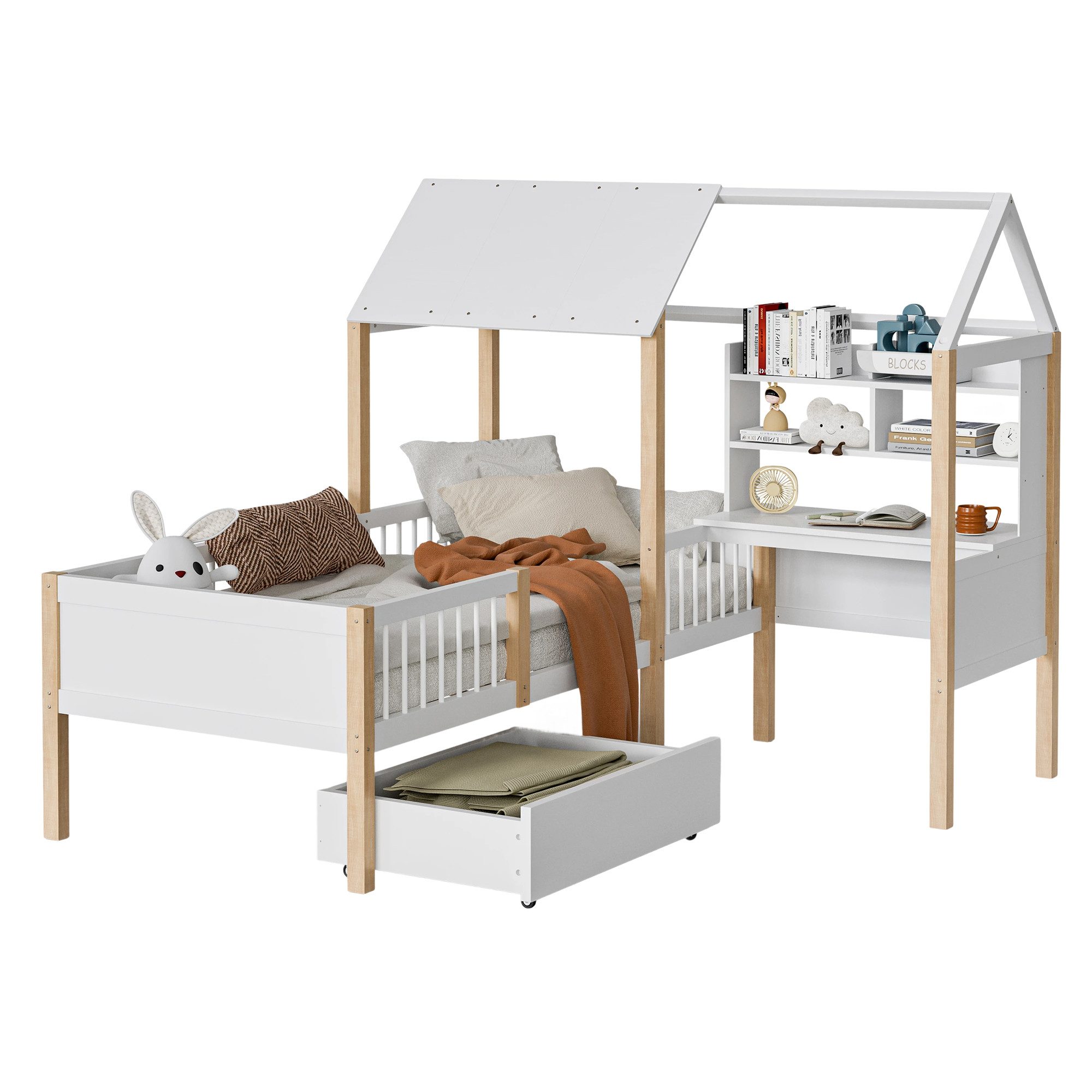 Kinderbett Hausbett Schreibtisch Bücherregal Schubladen Rollen weiß 90x200cm