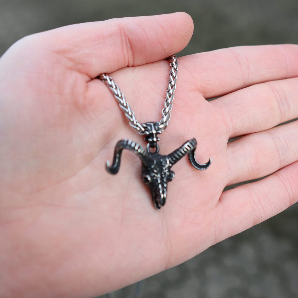 DALMARO Kette mit Anhänger Lederkette Edelstahlkette 316L DÄMON SCHAFKOPF, Herren Halskette Biker / Wikinger Kette - Schmuckbox