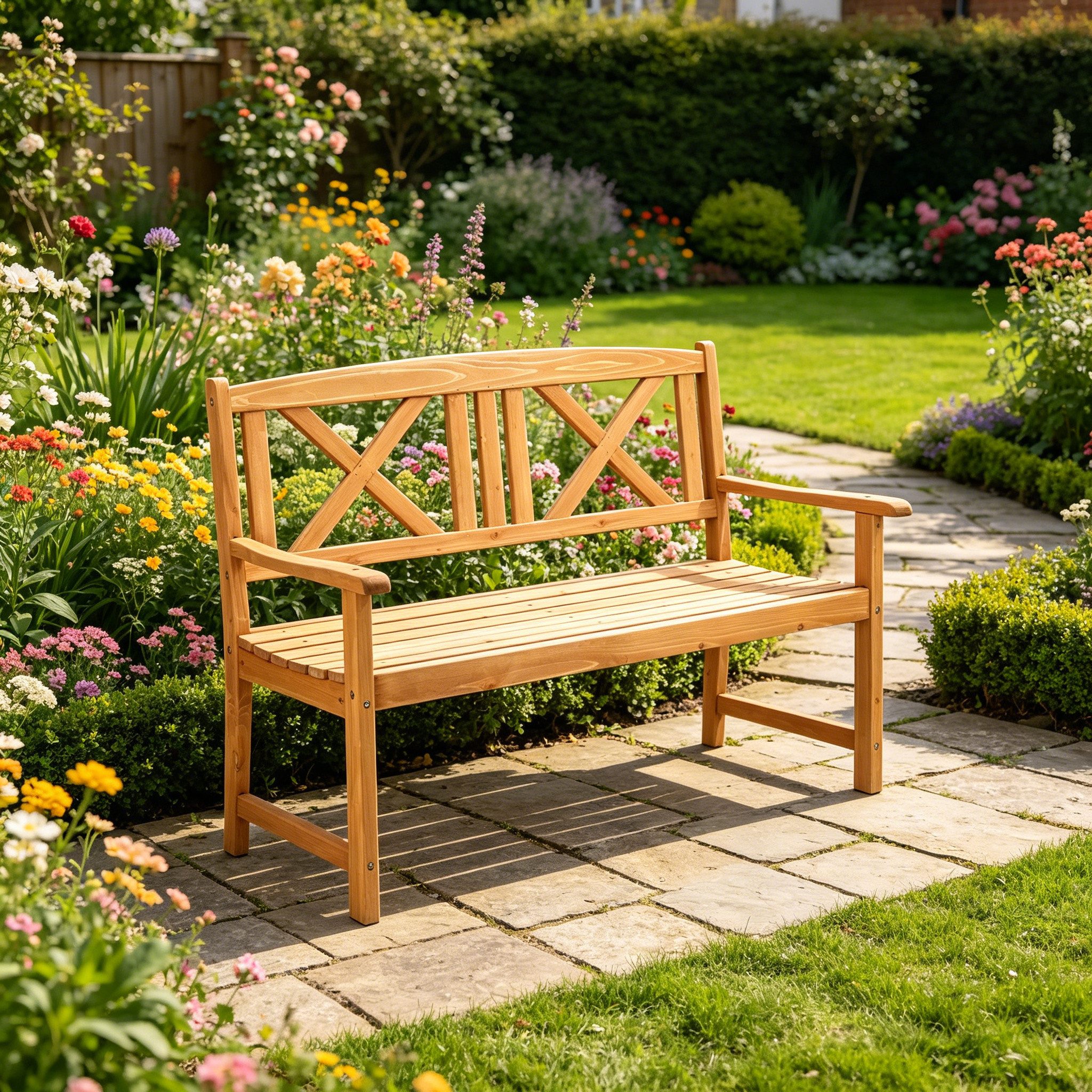LEADZM Gartenlounge-Bank Gartenbank, Holzbank, Bank mit Rücken- & Armlehnen, Gartenbank