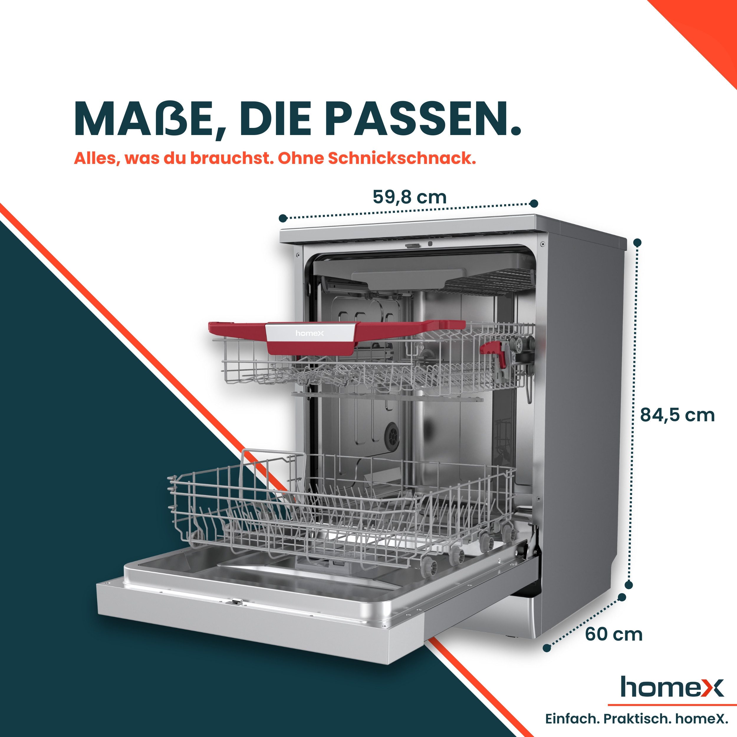 homeX Standgeschirrspüler DWFS601444C-S, 10 l, 14 Maßgedecke, Spülmaschine freistehend 60 cm, 14 Gedecke, AquaStop, unterbaufähig – Bild 5 von 5
