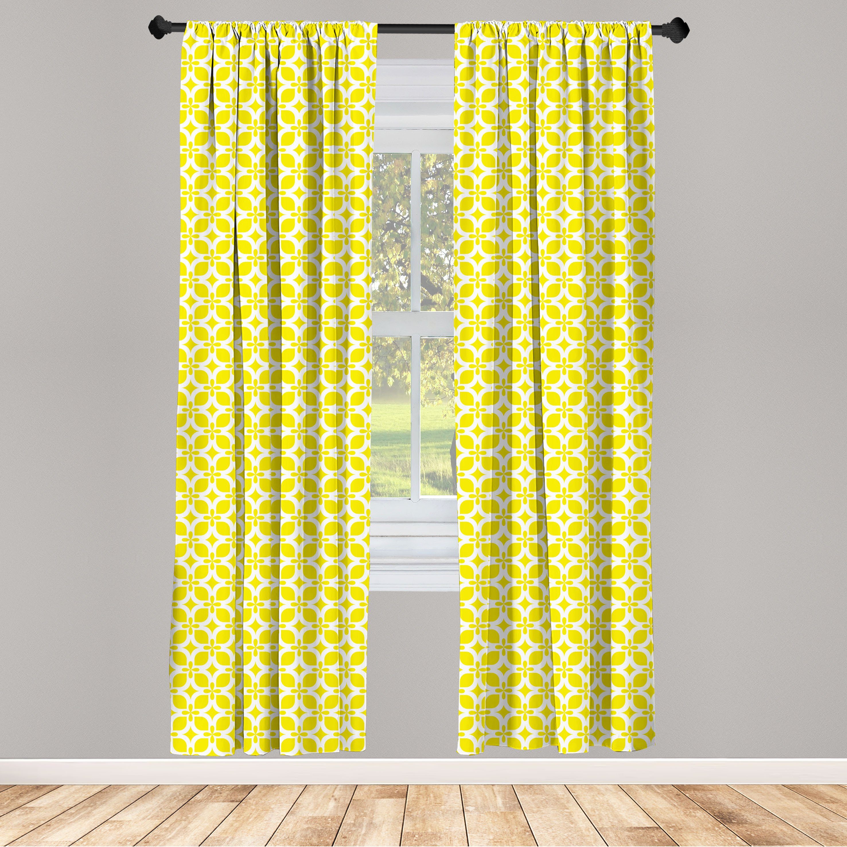 Gardine Vorhang für Wohnzimmer Schlafzimmer Dekor, Abakuhaus, Microfaser, Gelb und Weiß geometrische Blumen