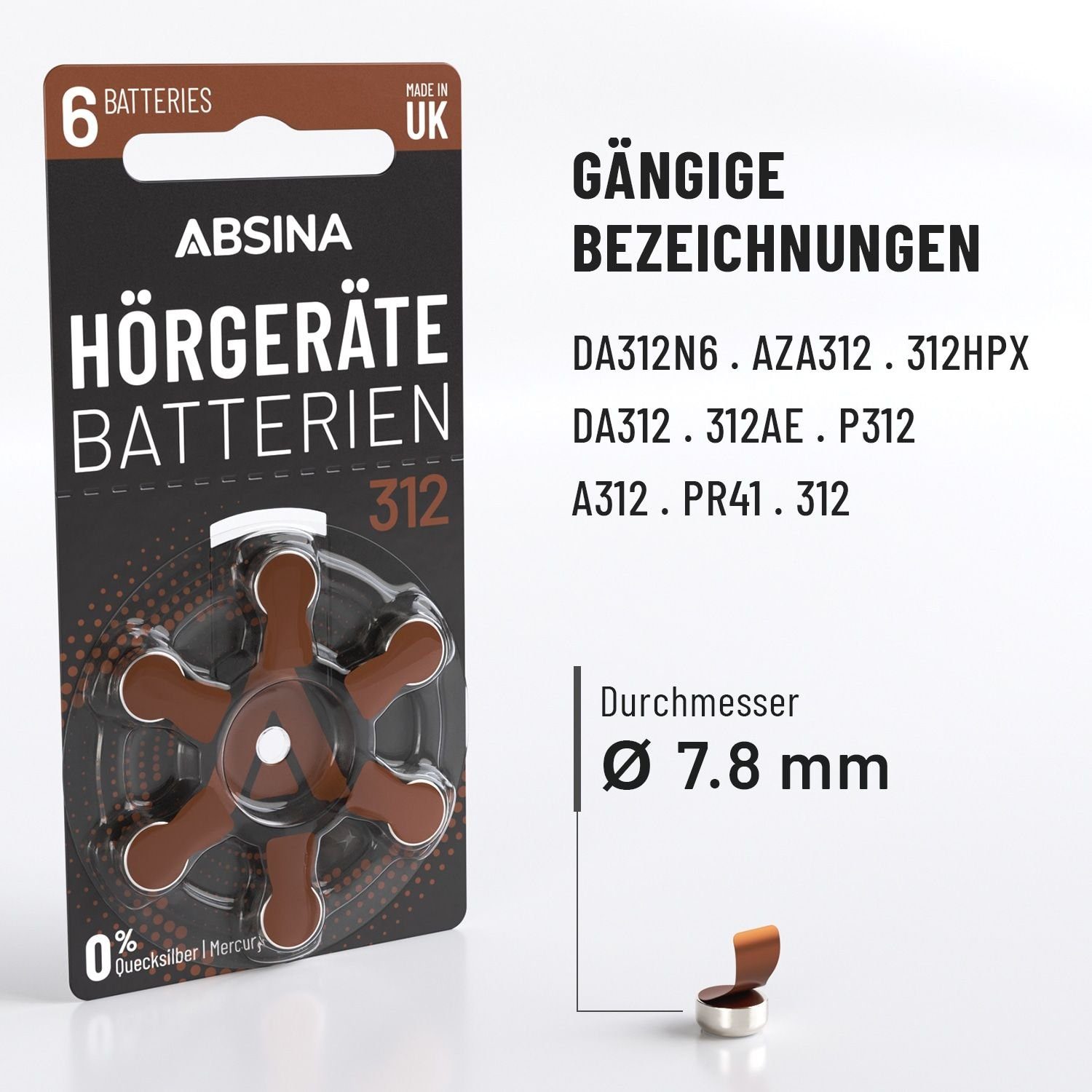 312 Stück ABSINA Knopfzelle Hörgeräte-Batterie / Typ 6 ABSINA PR41,