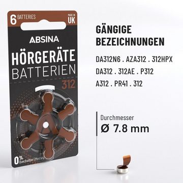 ABSINA ABSINA Hörgeräte-Batterie Typ 312 / PR41, 6 Stück Knopfzelle