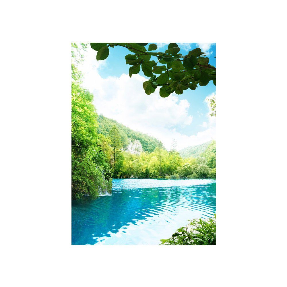 liwwing Fototapete Fototapete Wasserfall Lagune Berge no. Bäume Berge See Wald Landschaft Paradies 35