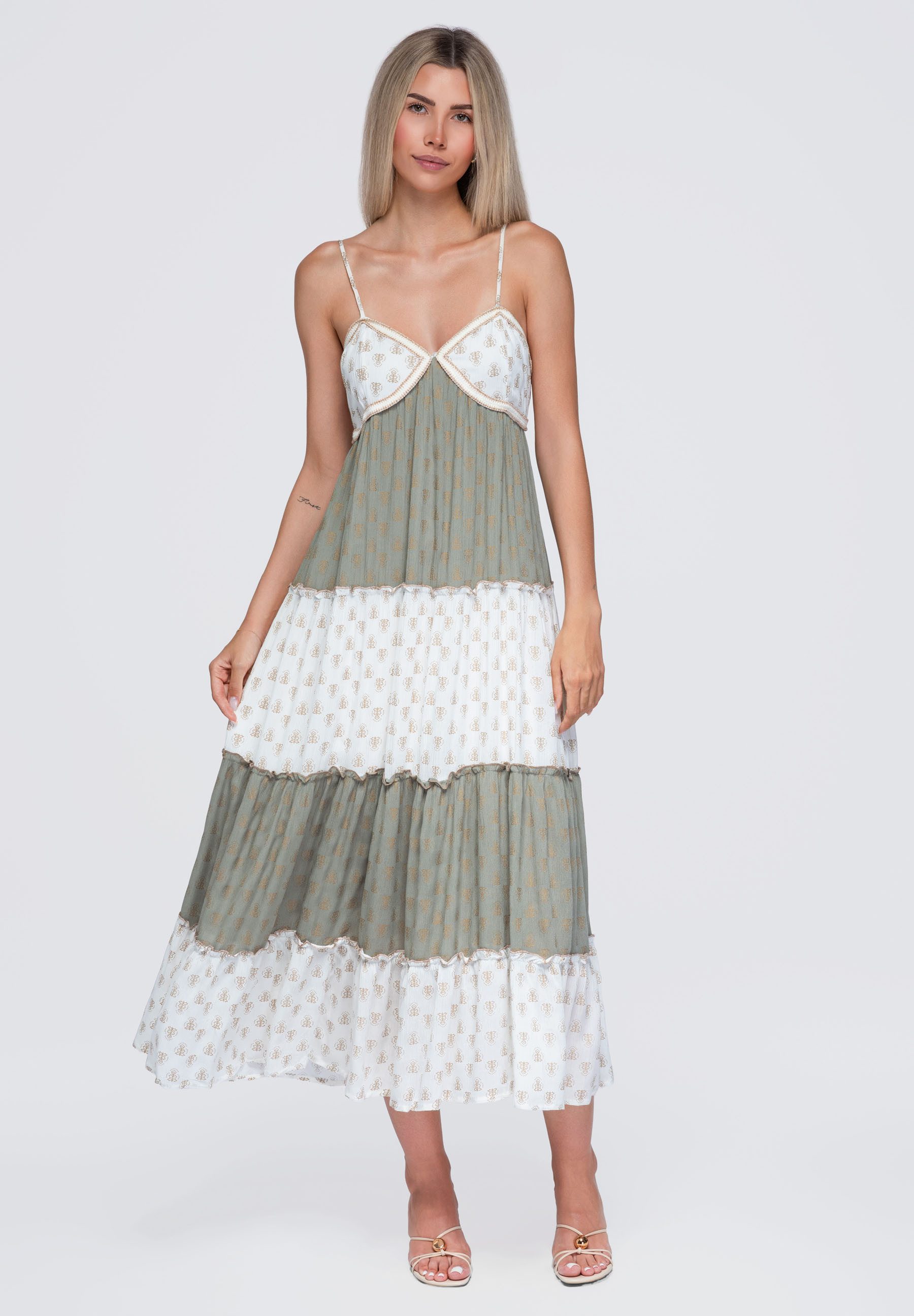 OMBRE Maxikleid Damen Maxikleid mit V-Ausschnitt und Rüschen Grün L (kein Set, 1-tlg) maxi Länge