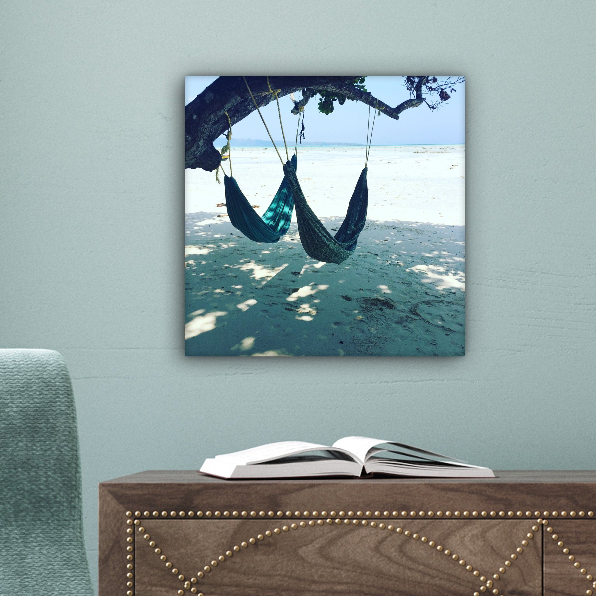 Strand für Bilder - Schlafzimmer, Leinwandbild OneMillionCanvasses® - cm Hängematte, 20x20 (1 Wohnzimmer St), Sand Leinwand