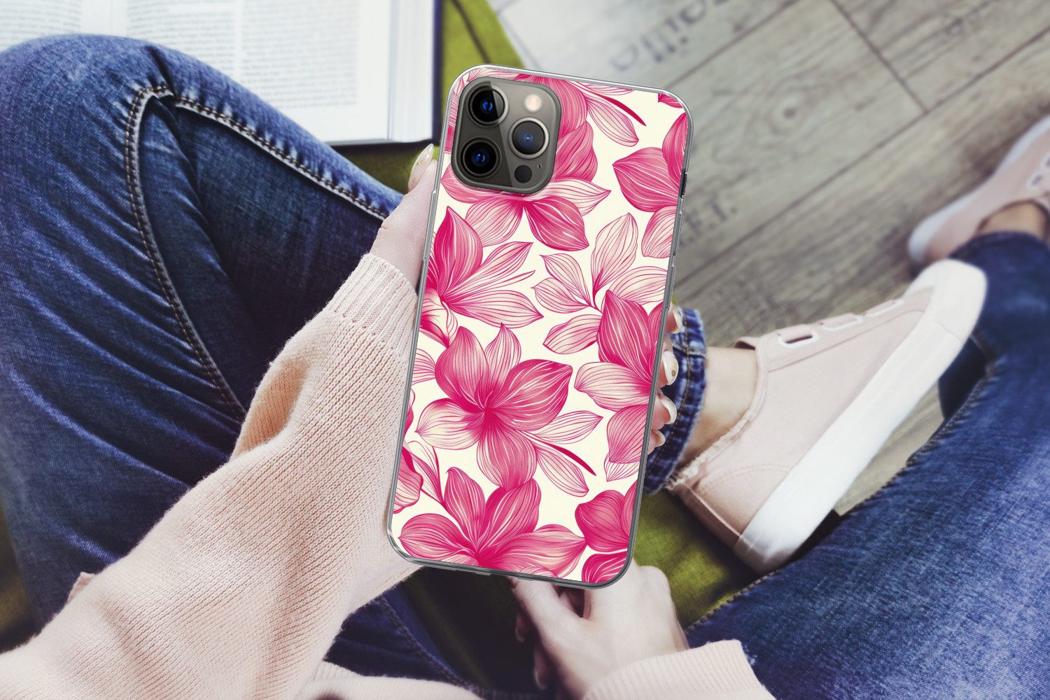 MuchoWow Handyhülle für Apple iPhone 13 Pro Max Blumen - Muster - Rosa - Weiß, Smartphone-Bumper, Print, Handy Schutzhülle Dünn