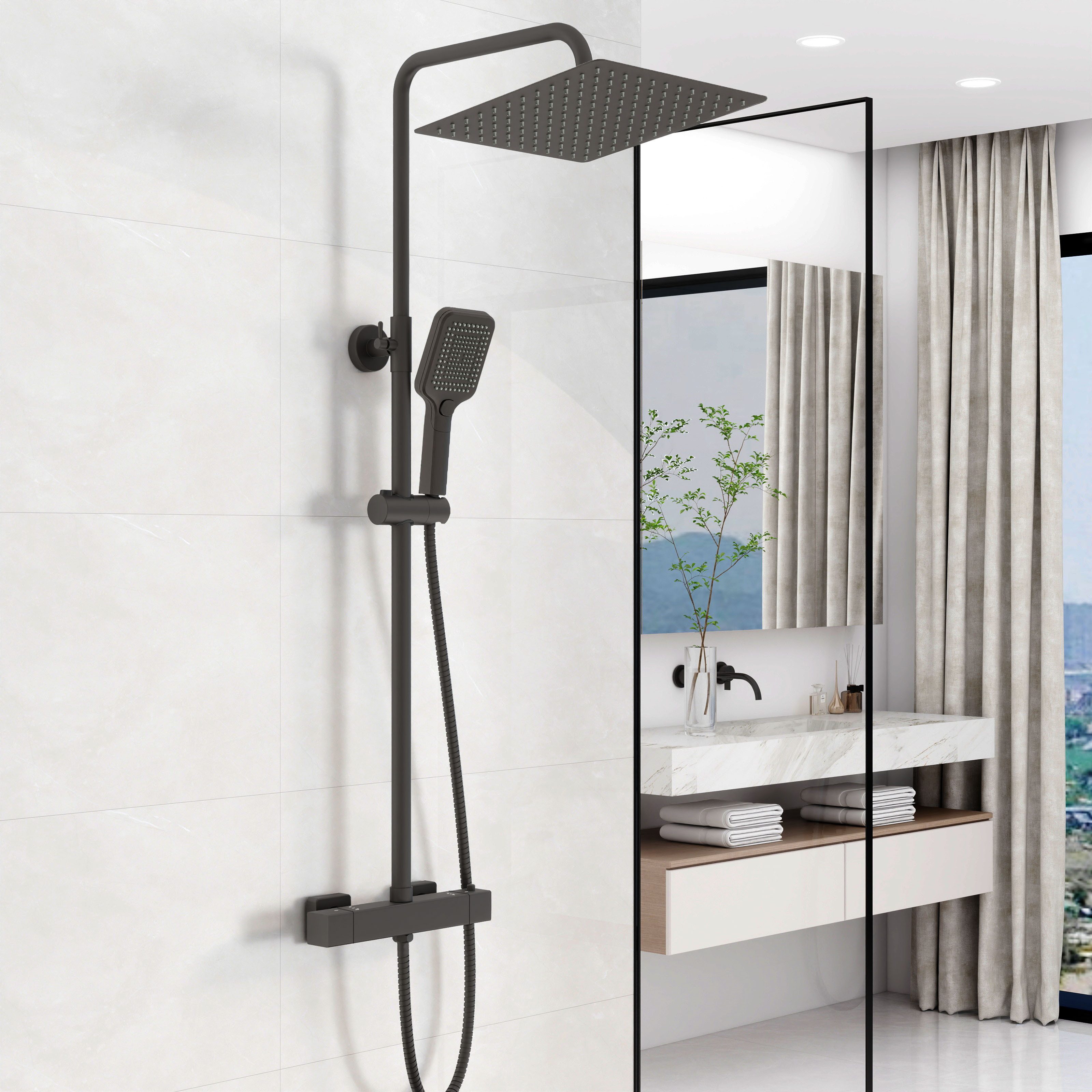 duschspa Duschsystem 20/30cm eckig Regenduschset mit Kopfbrause, 2 Strahlart(en), Wandmontage mit Thermostat Regendusche Chrom/Schwarz Quadratisch