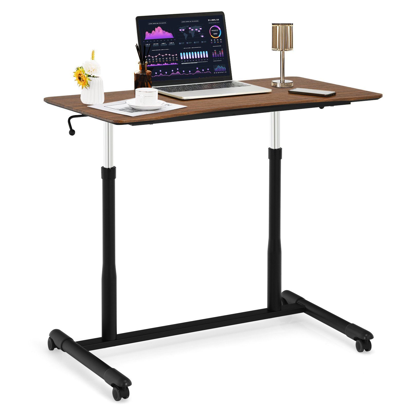 COSTWAY Schreibtisch, höhenverstellbar von 70-107cm, mit Rollen, breite 95cm Braun