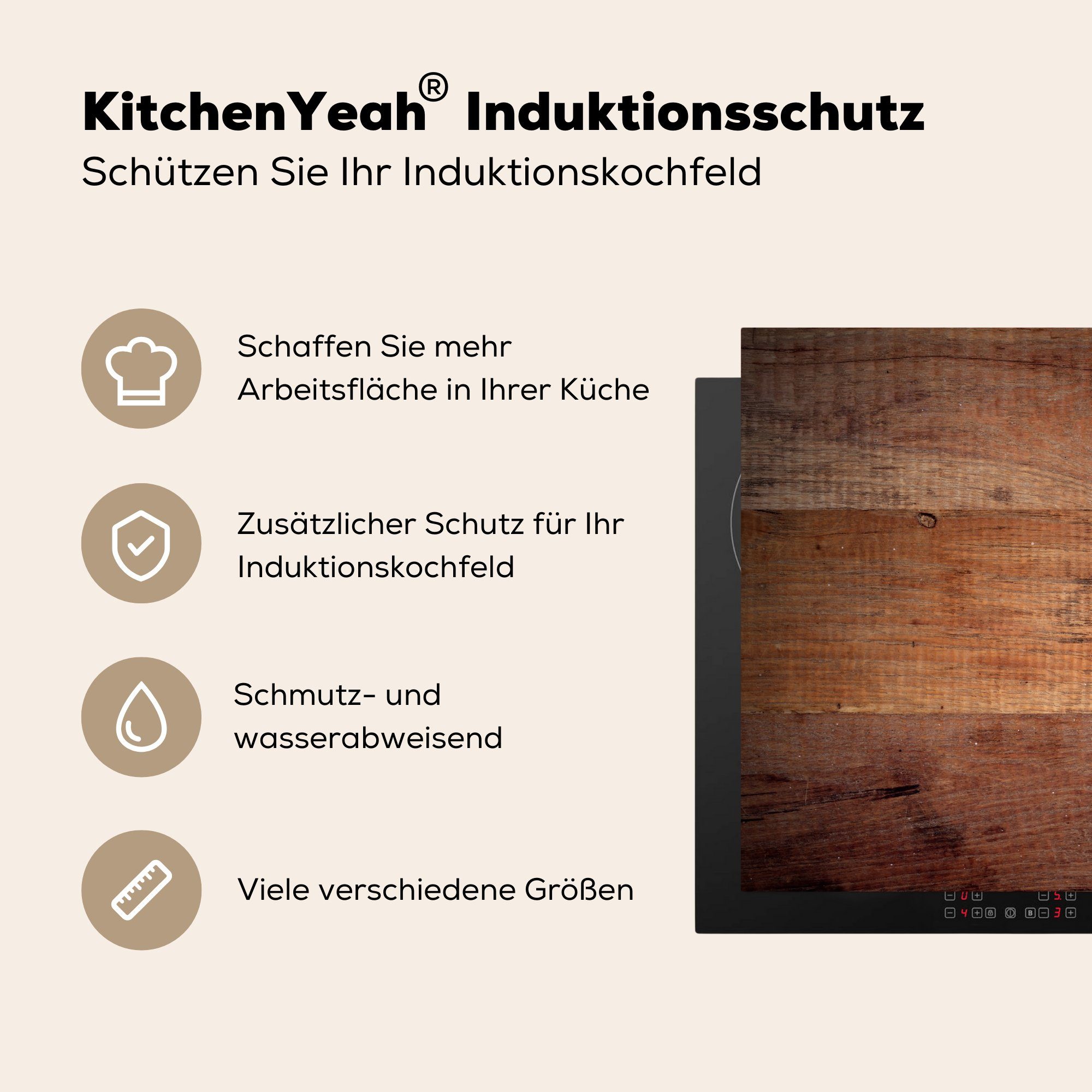 Ceranfeldabdeckung Vinyl, Herdblende-/Abdeckplatte Induktionsmatte MuchoWow als Hintergrund, die (1 Holzbretter für küche, cm, tlg), 59x52