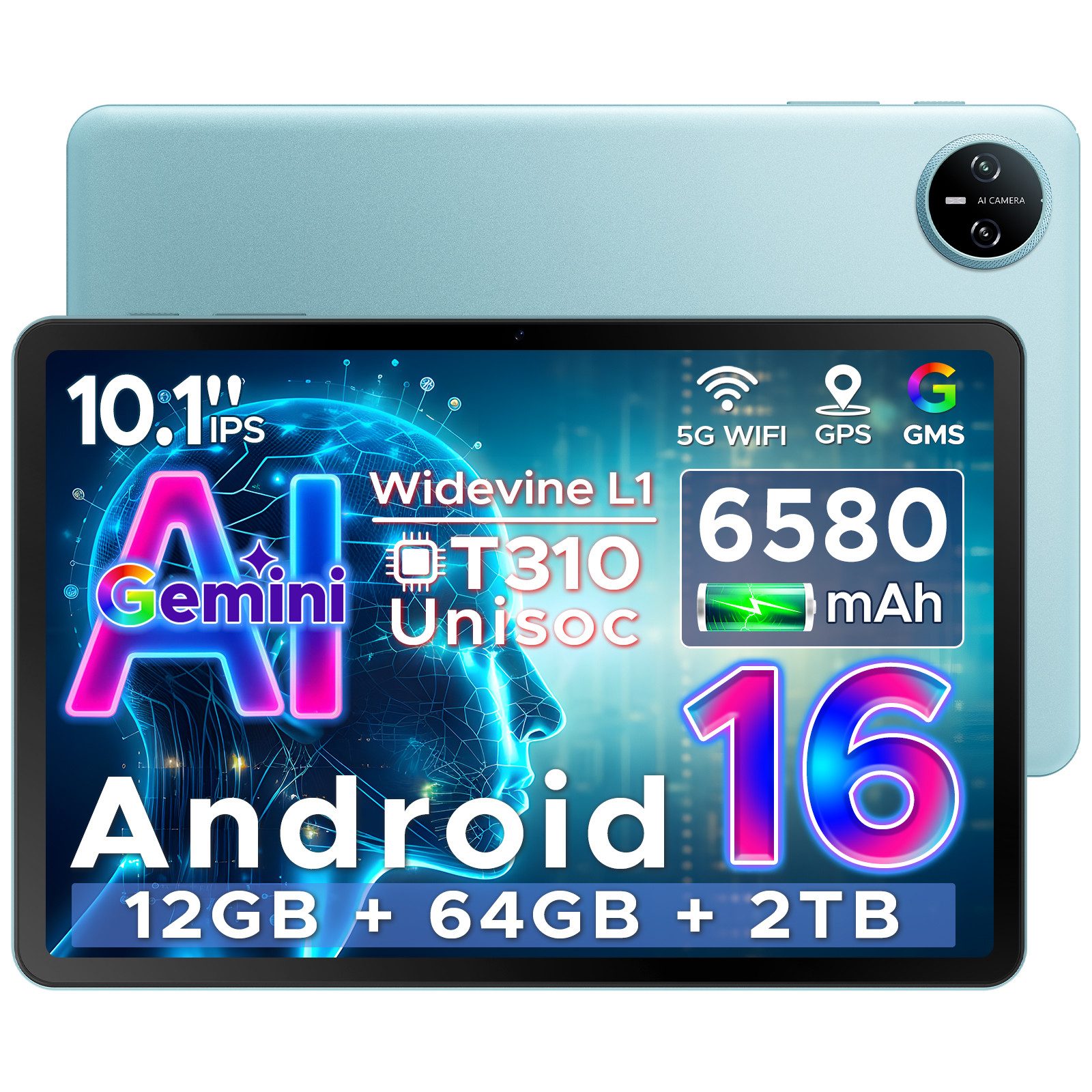 DOOGEE TAB A9 Tablet 10 Zoll, Android Tablet, 64GB ROM (TF 2TB), 5G WiFi Tablet (10.1", 64 GB, Android 16, Wifi, Android 16, Gemini AI, 8MP Kamera, Type-C, GMS, Bluetooth 5.0, Face ID)