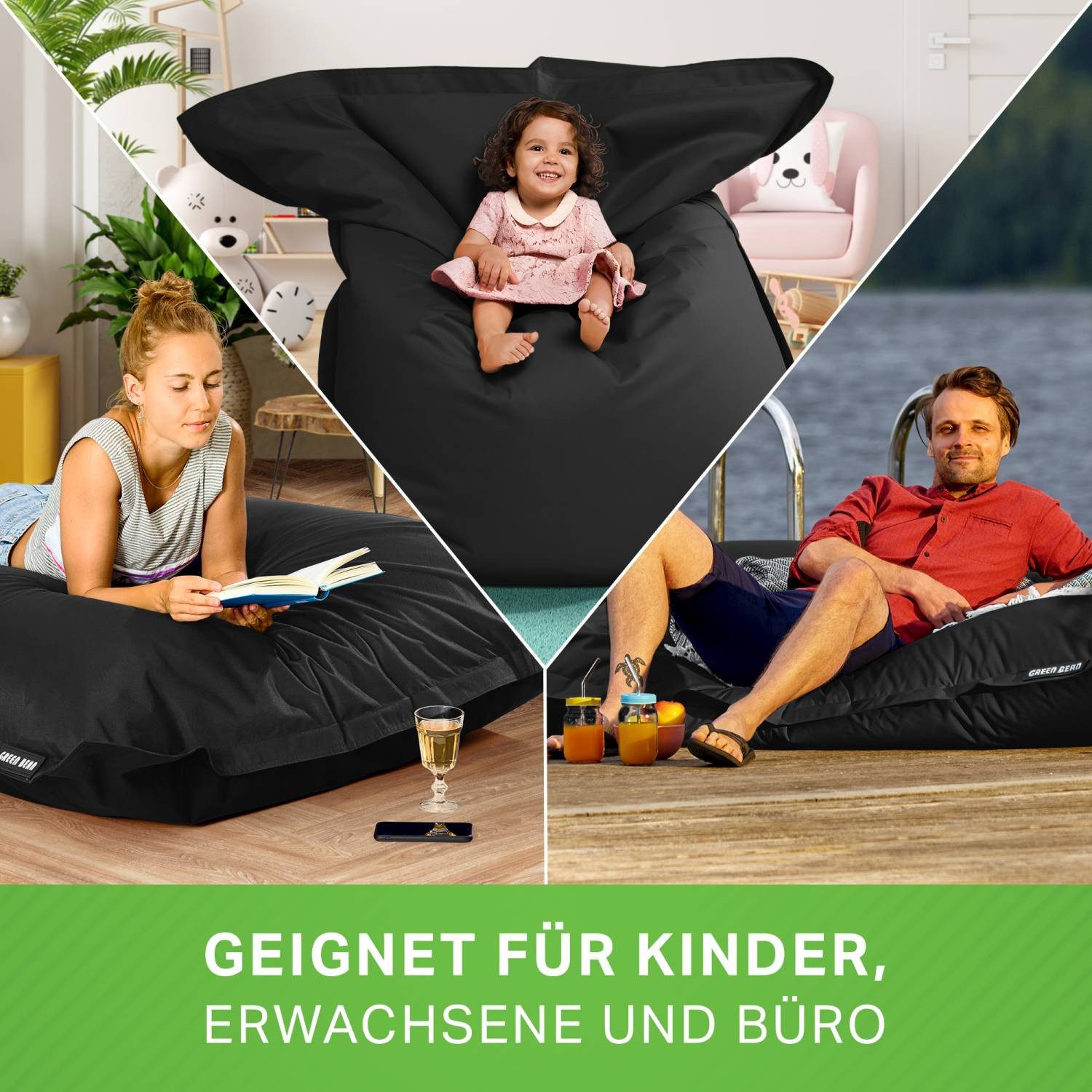 Green Bean Sitzsack XXL Outdoor Sitzsack Square 140x180cm (XXL Riesensitzsack 140x180cm 380 Liter Kinder & Erwachsene Bean Bag EPS Perlen Füllung, Groß Draußen  – Bild 3 von 5