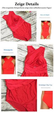 B.X Badekleid Damen sexy einfarbiger falten einteiliger Badeanzug Ausschnitt vorne Siamese-Badeanzug Bauchkontrolle, hoher Taille, Monokini-Badeanzug