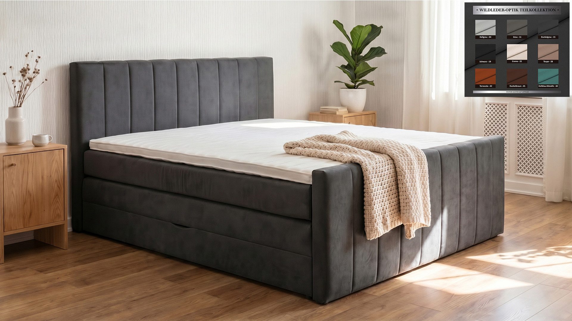 PAARA Boxspringbett mit Bettkasten und Matratze mit integrierten Topper - Modell Cali K, mit innovativem Belüftungssystem