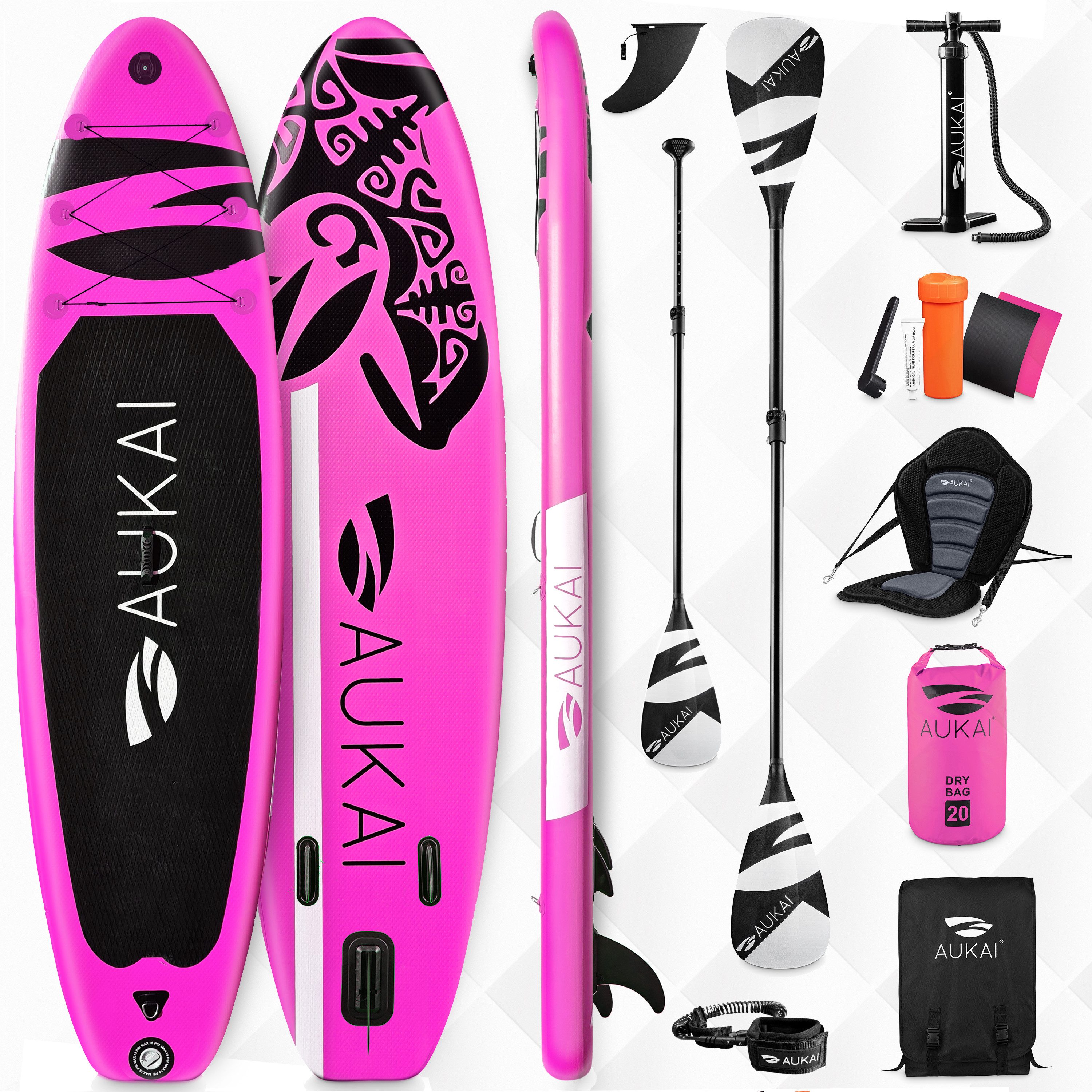 Aukai SUP-Board PRO 320cm, 2in1 Aufblasbares Stand up Paddle Set mit Kajak-Sitz, (Action-Cam-Halterung, Fußschlaufe, Pumpe, Rucksack, AquaBag), Komplettsett - 5 Jahre Garantie