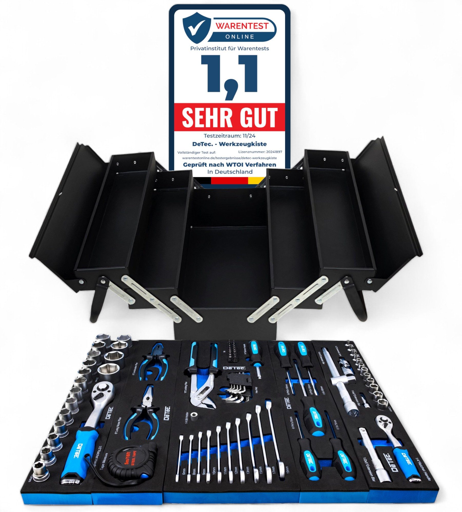 DeTec. Werkzeugkoffer Werkzeugkiste 86 tlg. in schwarz zum aufklappen