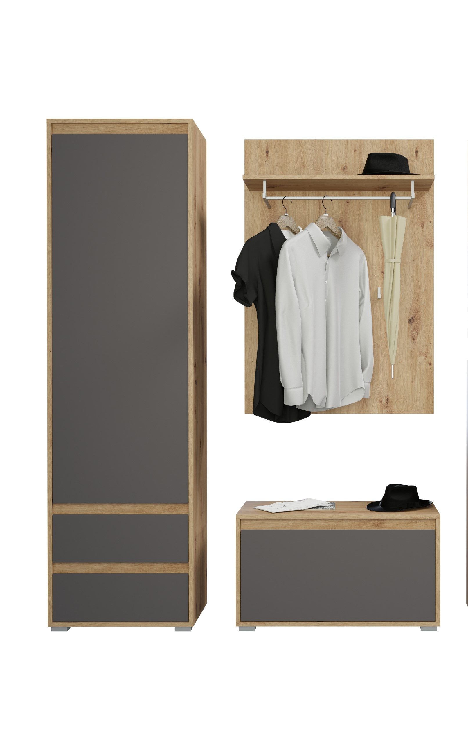 xonox.home Garderoben-Set, (3tlg. Set bestehend aus Garderobenschrank, Sitzbank, Garderobenpaneel), Eiche Nachbildung Grau Modern 146x190x35 cm