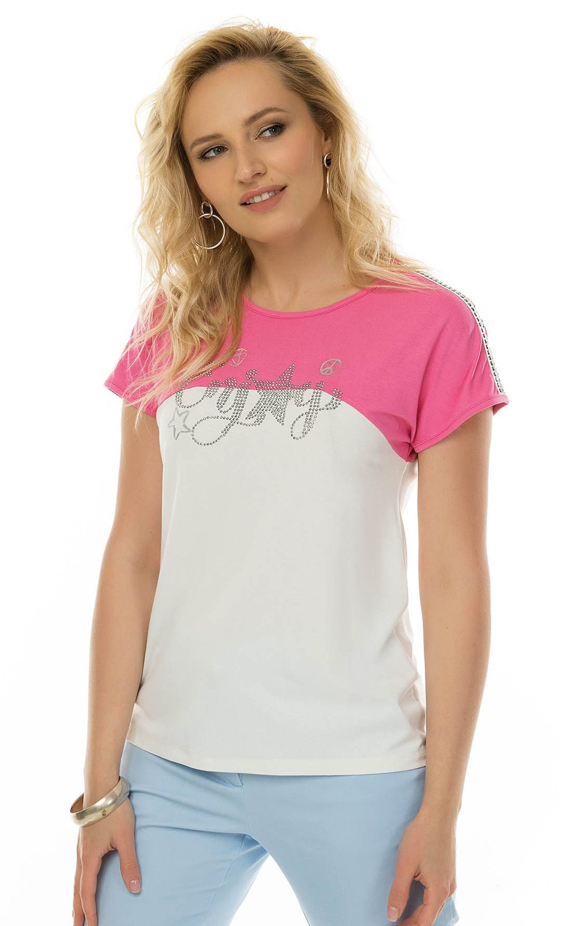Passioni T-Shirt in Pink-Weiß mit Glitzerschriftzug günstig online kaufen