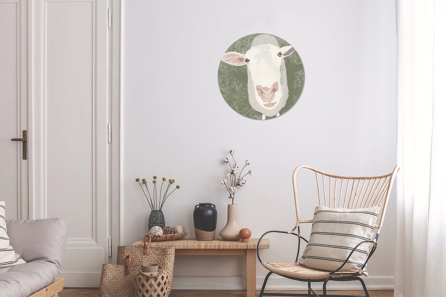 MuchoWow Wandsticker Eine Illustration Wohnzimmer das Kinderzimmer, (1 Schafes, Rund, nach schaut Tapetenkreis Tapetenaufkleber, oben St), eines für