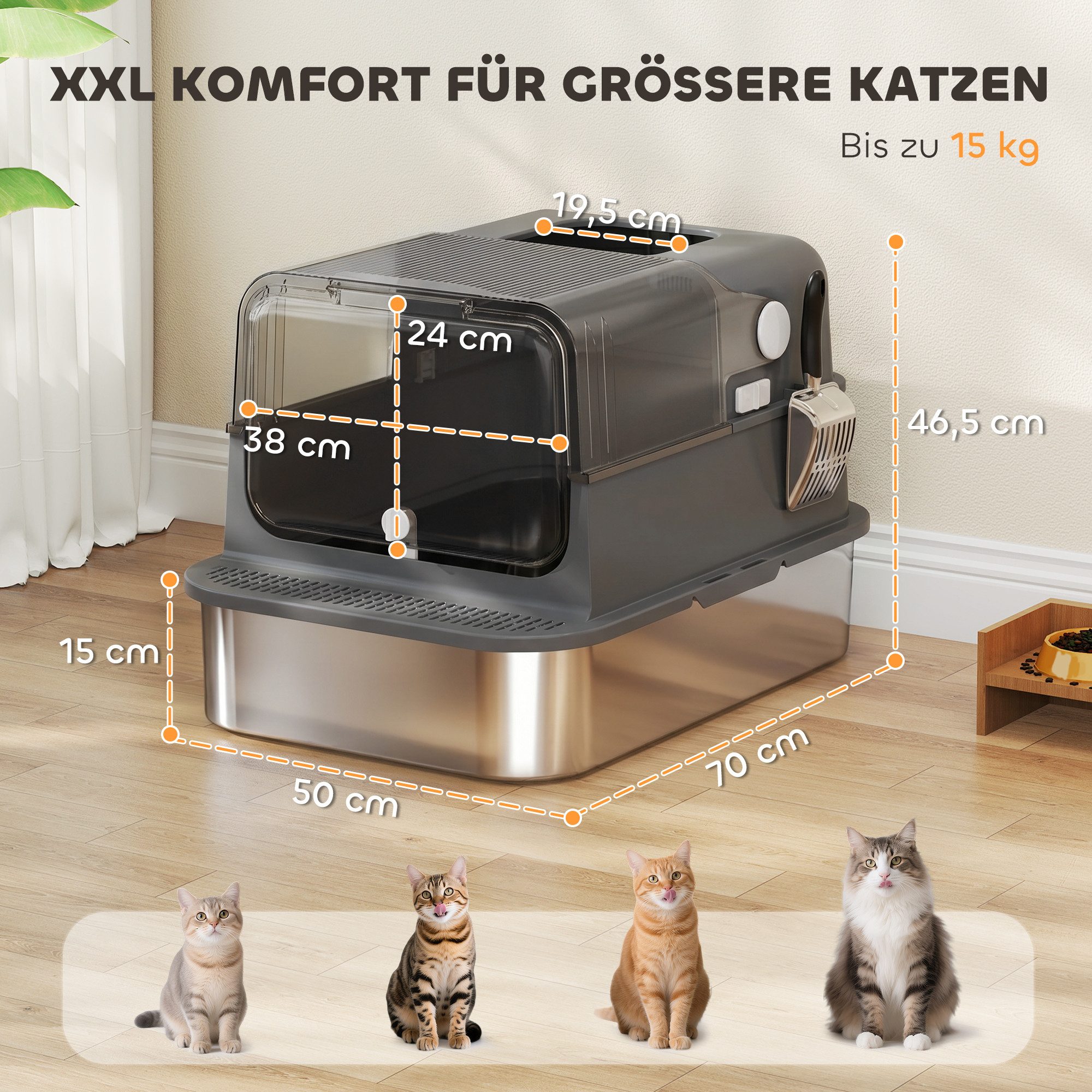 PawHut Katzentoilette Katzenklo Edelstahl mit Deckel XXL 52L für große Katzen und Mehrere, mit Doppeltüren Schaufel Pedal hoher Ränder Leicht zu Reinigen