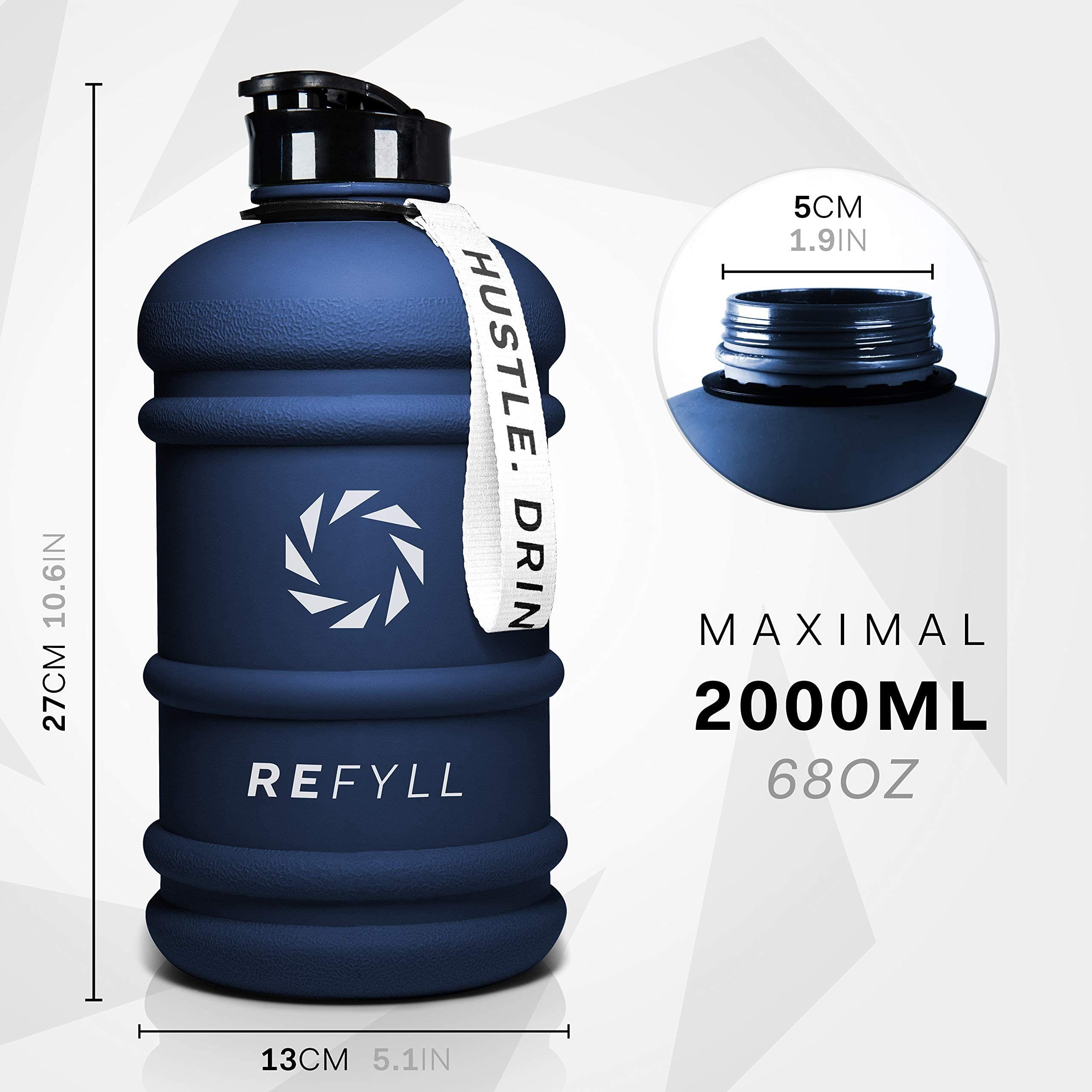 I auslaufsicher, Navy "Beast" Wasserflasche 2L Wasserflasche I 100% Water für Liter Sport Blue Gym Jug 2 Trinkflasche Trinkflasche 2200ml REFYLL Leichte