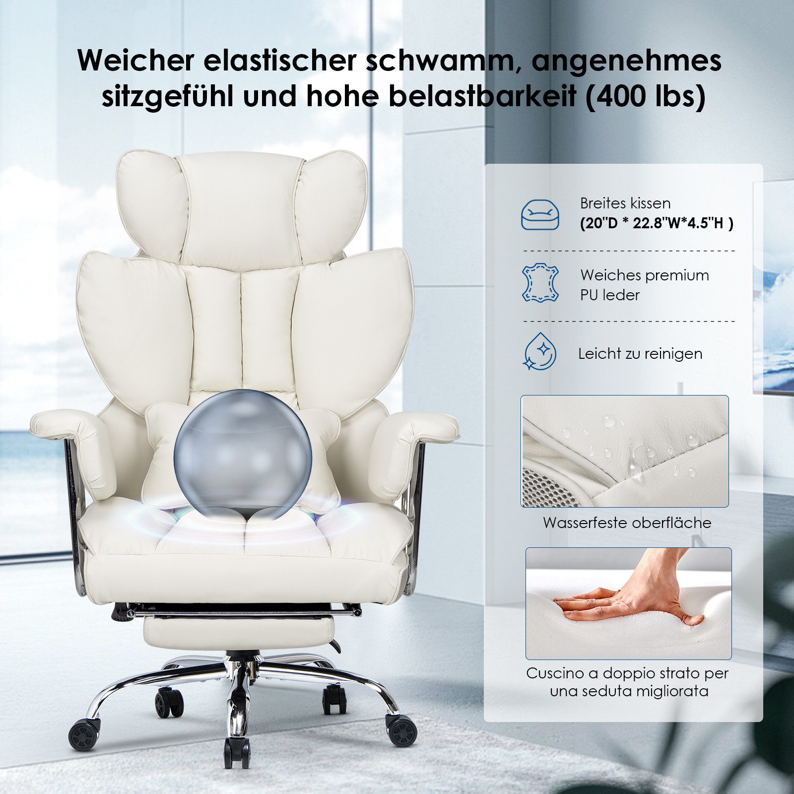 Rattantree Bürostuhl mit Fußstütze - Ergonomischer Schreibtischstuhl, mit Zusätzlichem Lordosenstützkissen - bis 150 kg Belastbarkeit – Bild 5 von 5