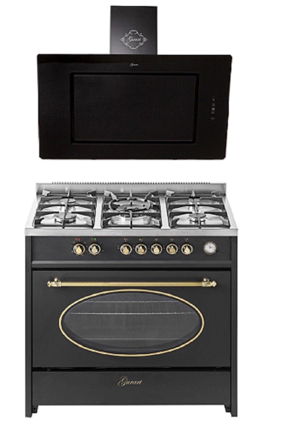 GURARI Gas-Standherd 90 cm Nostalgie Range Coocker 121L 8 Funktionen+Dunstabzugshaube 90 cm Schwarz Glas Wandhaube 1000m³/h GCH E 914 BL r+GCH S 155 BL 90 Prime, mit 1-fach-Teleskopauszug, Retro Gas Elektro Standherd 8 Funktionen+Dunstabzugshaube 90 cm