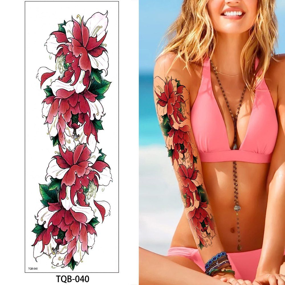 VEKROBOT Schmuck-Tattoo 4 Ganzarm Tattoos Pink Blumen Lotus Kompass Großformatige Körperkunst, 1-tlg., Einfach aufzutragen und zu entfernen, Wasserfeste & schweißresistente Tattoo-Aufkleber