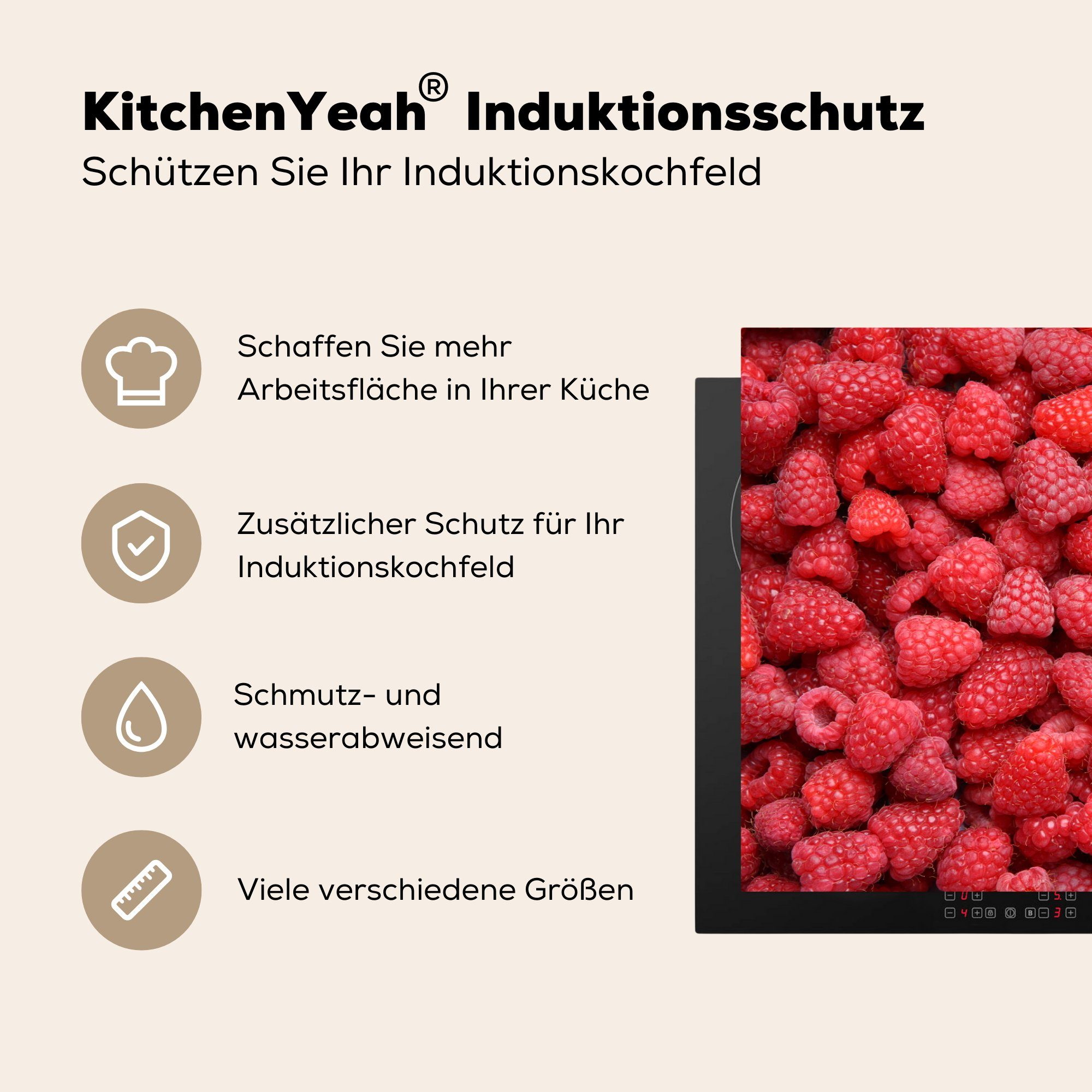 Schutz 81x52 für - Induktionskochfeld tlg), - Himbeeren küche, die Ceranfeldabdeckung Herdblende-/Abdeckplatte cm, Obst, Rosa Vinyl, MuchoWow (1