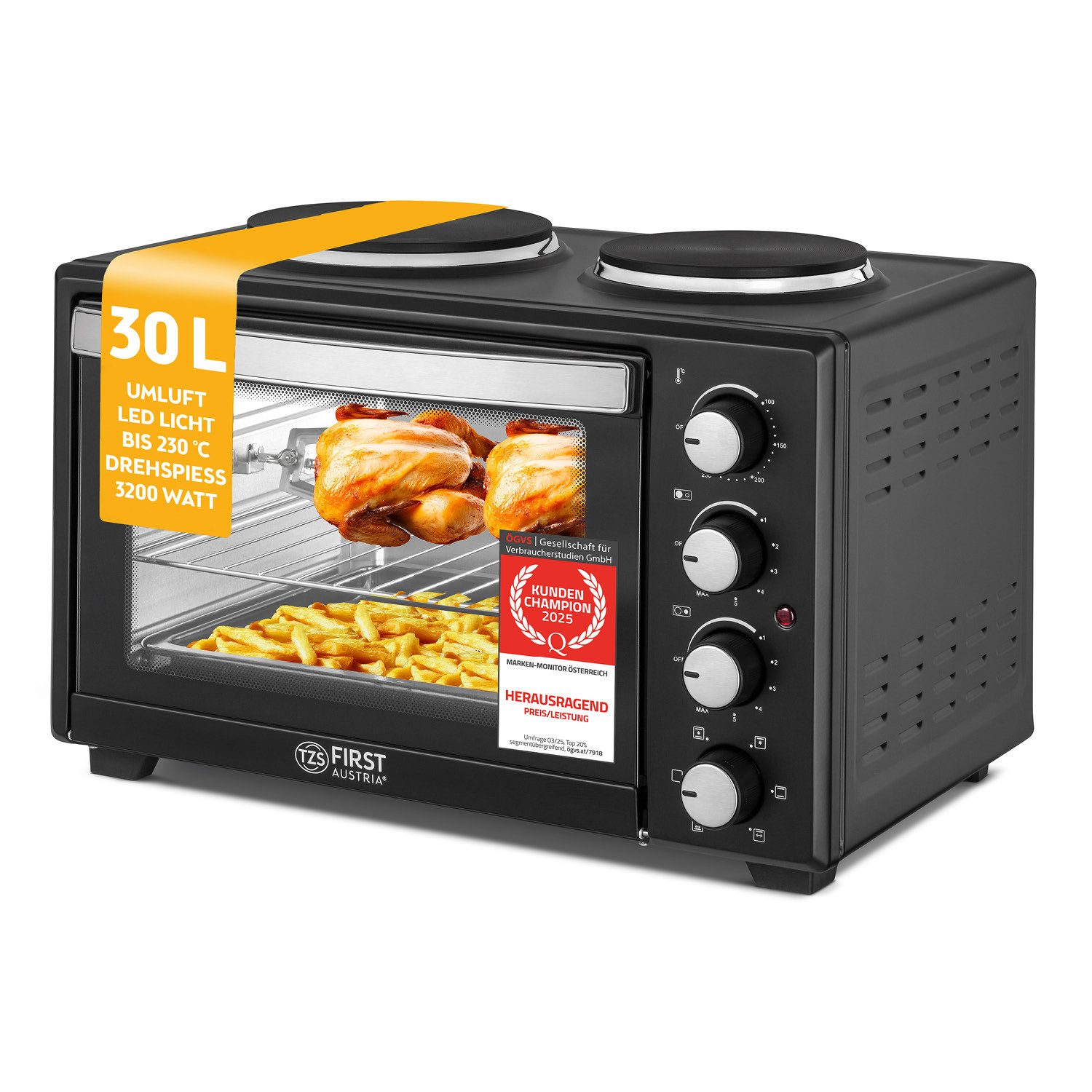 TZS FIRST AUSTRIA Minibackofen Pizzaofen mit Kochplatten, 30L, 3200W, Mini Backofen mit Umluft, max 230°C, Backblech, Drehspieß, Grillrost, Innenbeleuchtung