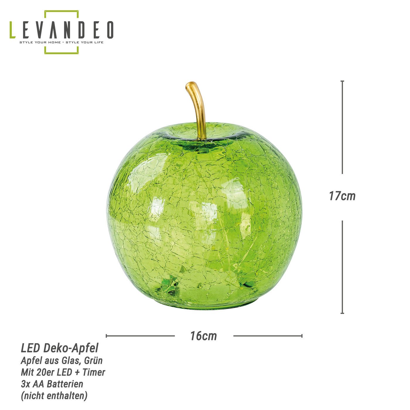 Levandeo® LED Dekolicht, LED Apfel H17cm Grün Glas Dekolampe Timer Tischlam günstig online kaufen