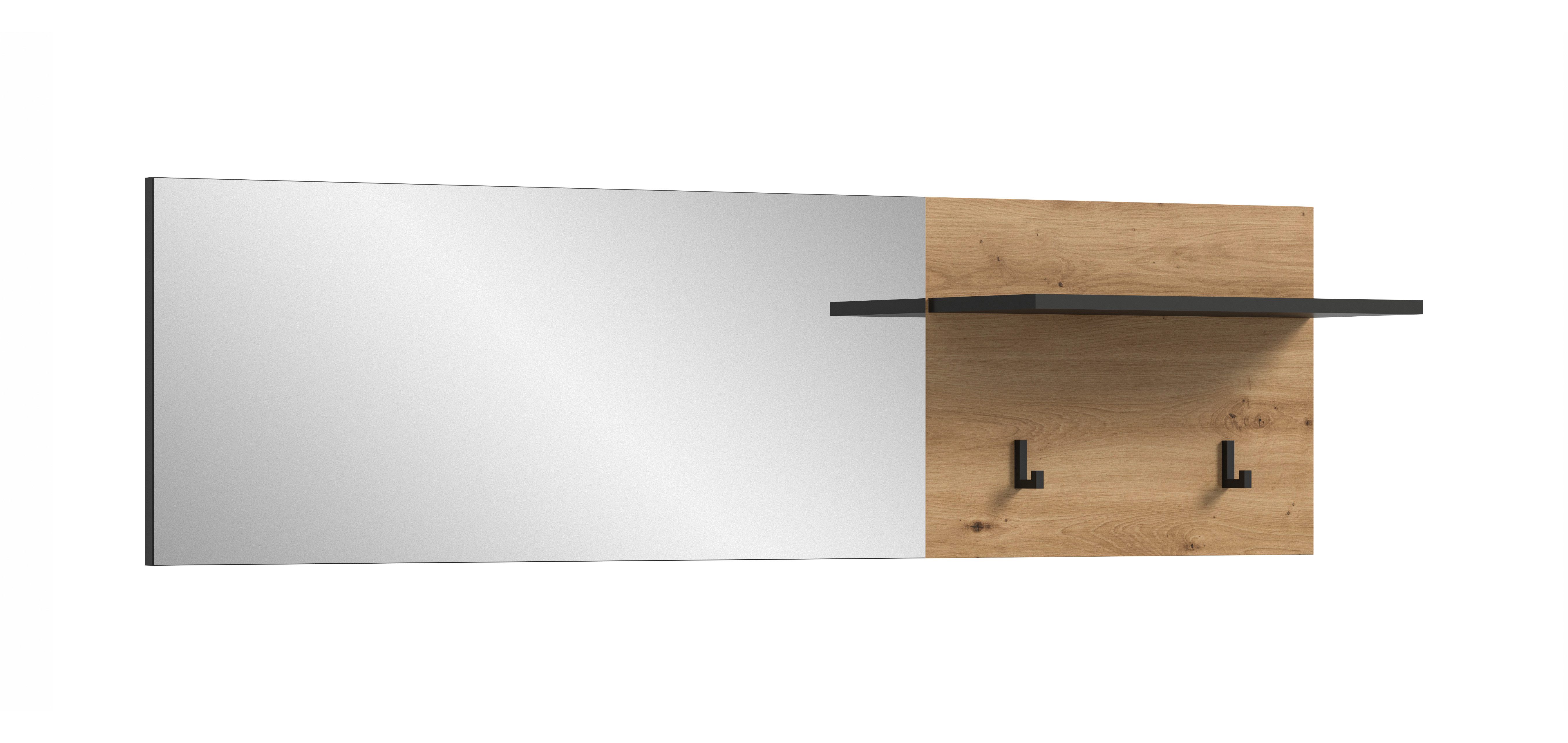 furnling Garderobenpaneel inkl. Spiegel - Cano, 1 Ablageboden, 2 Haken, große Spiegelfront, Breite 150 cm