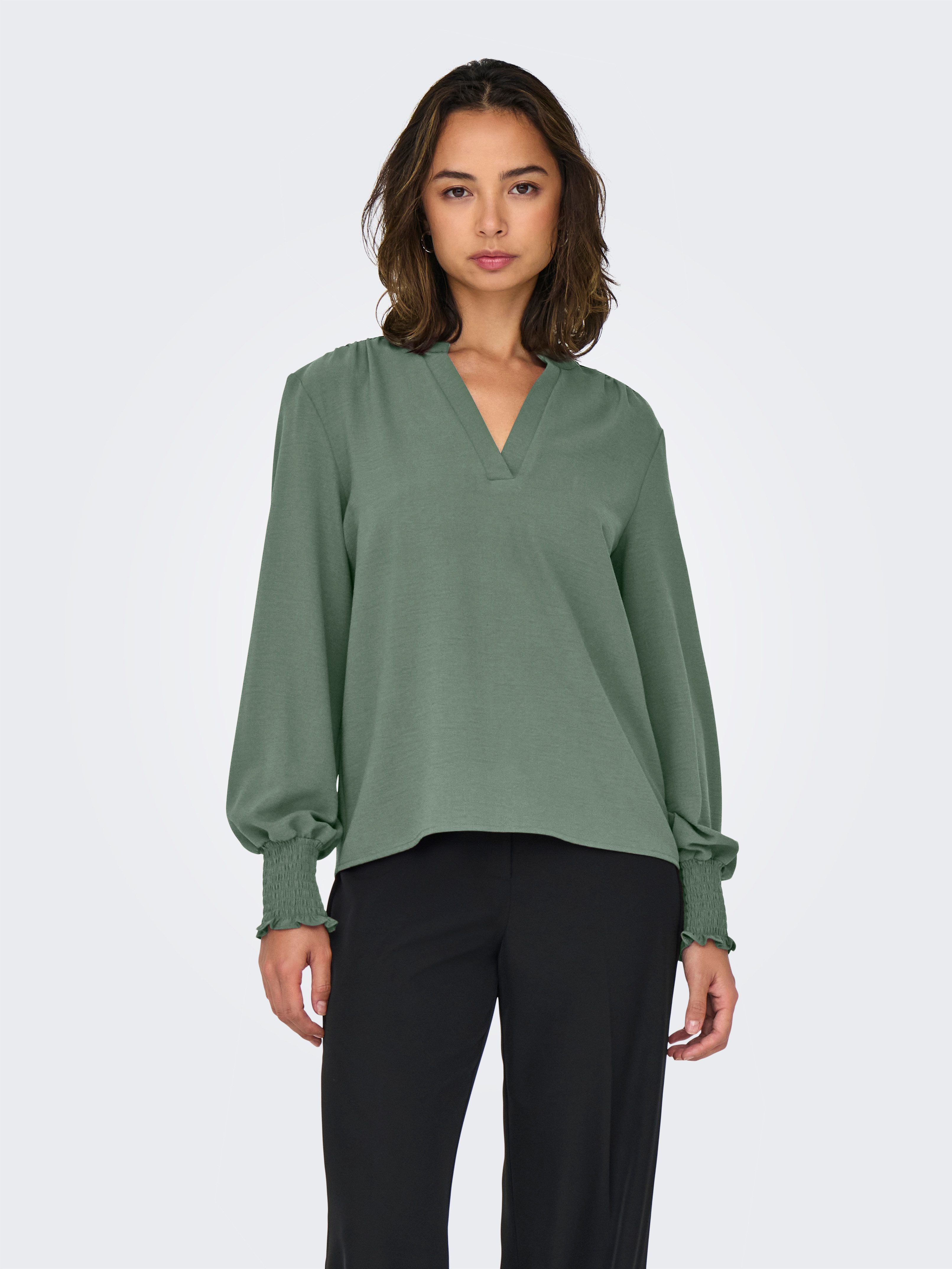 ONLY Blusenshirt ONLMETTE V-NECK LS SMOCK TOP NOOS WVN Kunstfaser, regular fit
