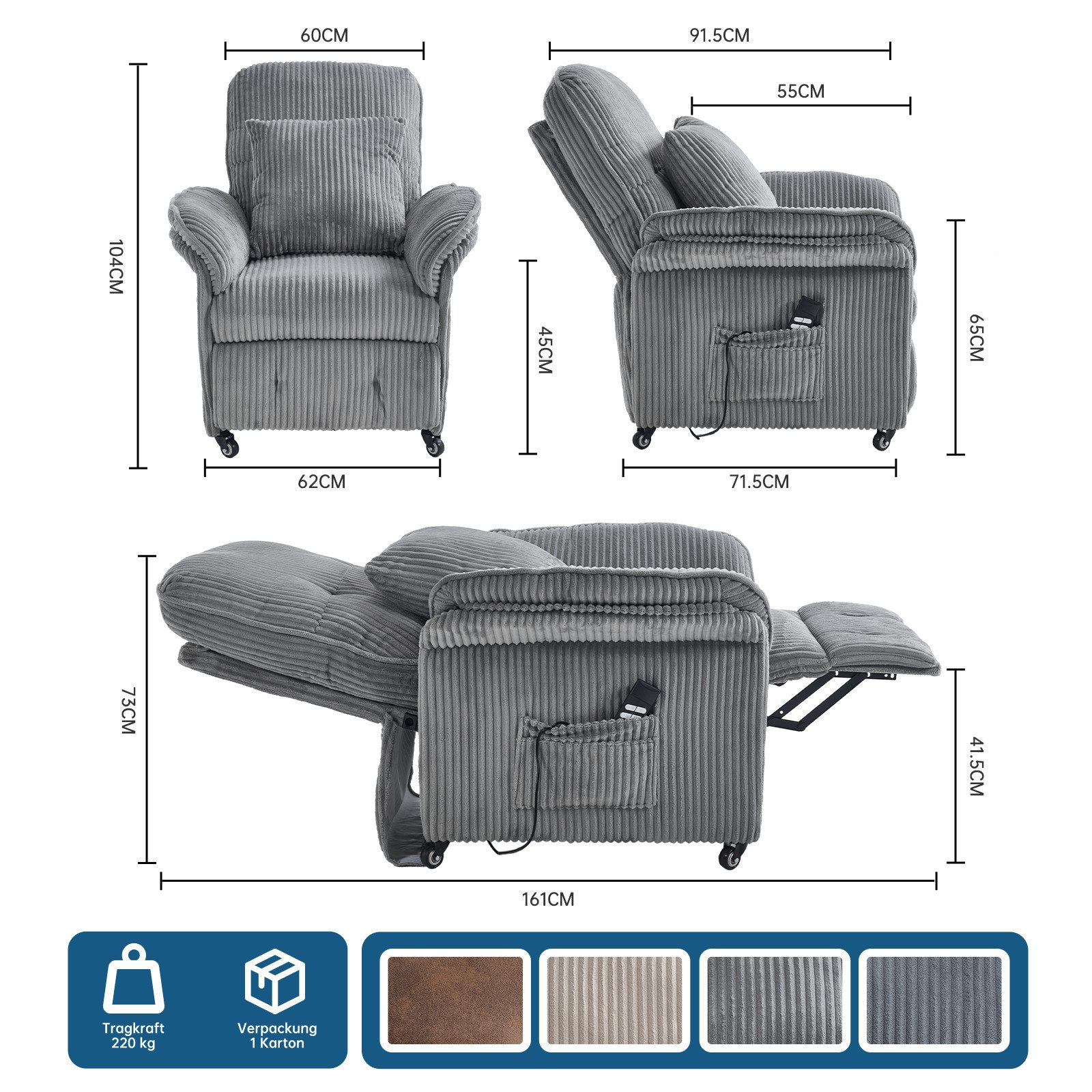 Happy Home Relaxsessel 2 Motoren Elektrischer Relaxsessel, Fernsehsessel mit Liegefunktion