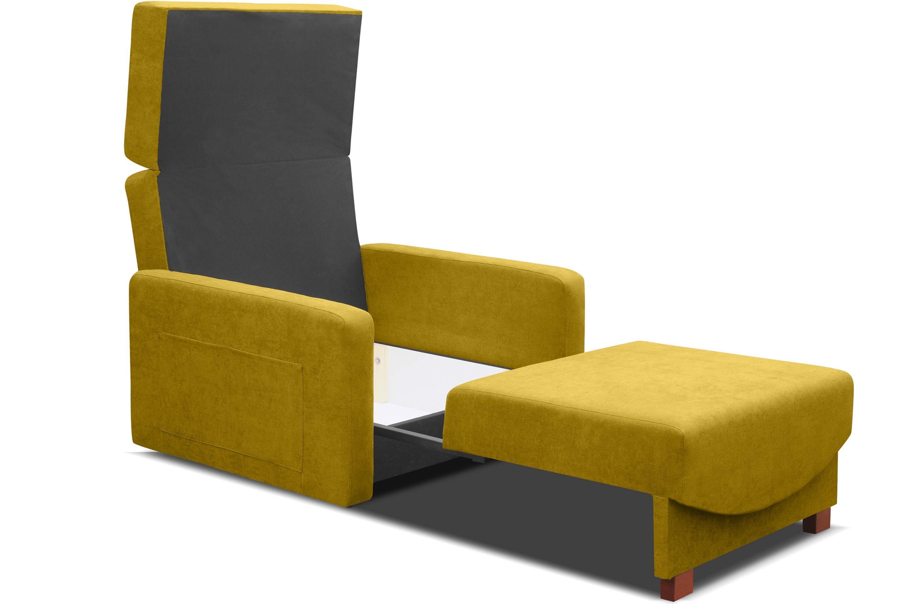gelb Sessel Seitentasche, Konsimo Sessel, Schlaffunktion, mit Bettkasten, gelb Massivholzbeine INCA |