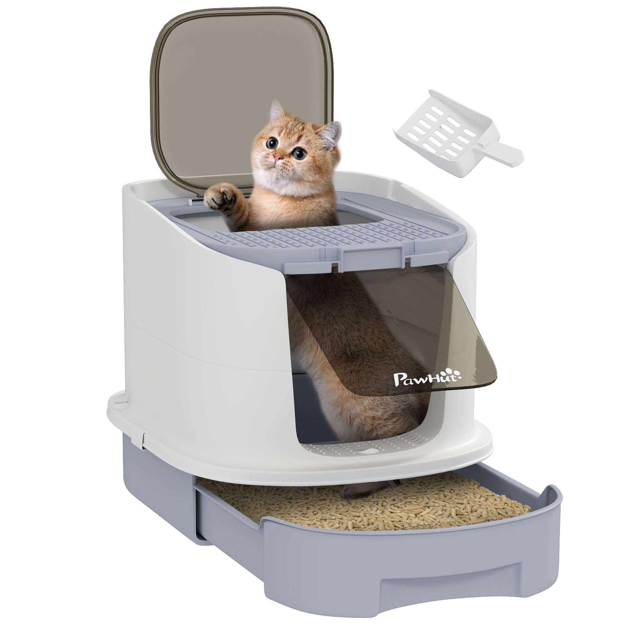 PawHut Katzentoilette Katzenklo mit Deckel Obenliegender Eingang Schaufel Tablett, für Katzen bis 4,5 kg, 40,5 x 52,5 x 42,5 cm, Grau