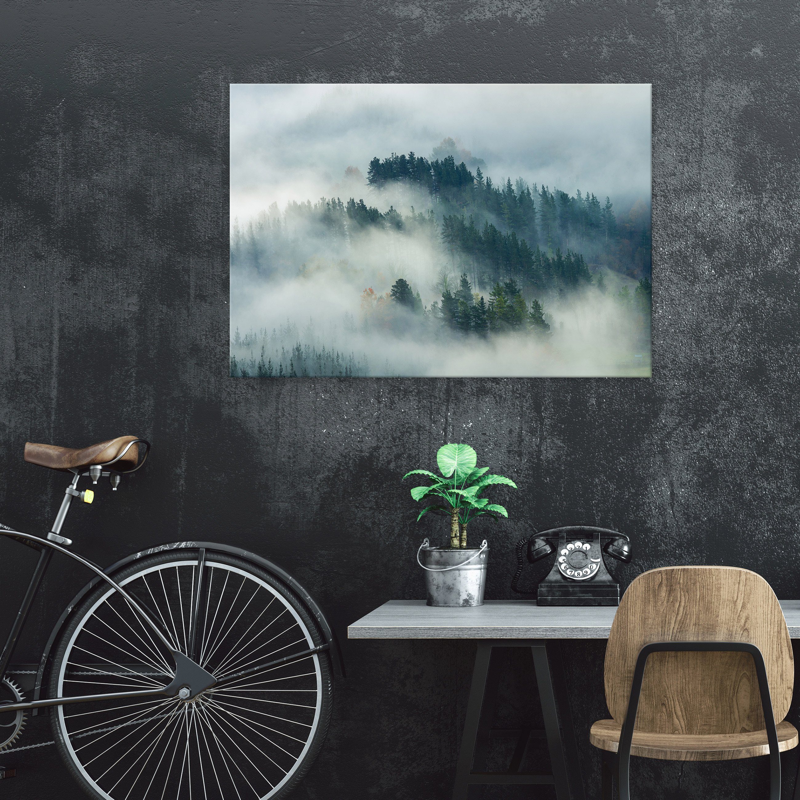 Kunst Nebel im (Einteilig), Landschaft Wandbild Leinwandbilder XXL Wald Wallarena Natur Leinwandbild Aufhängefertig Modern,