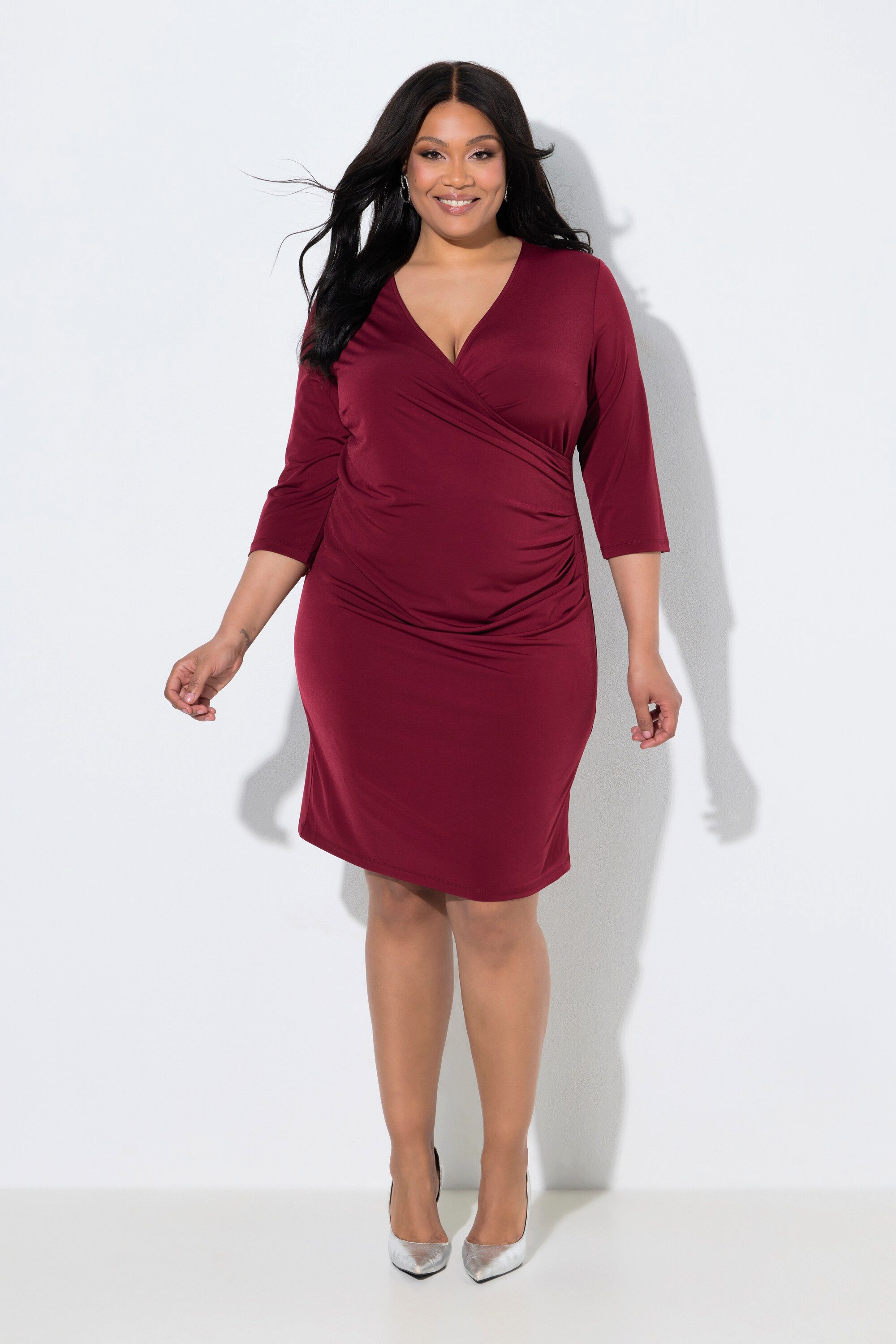 Ulla Popken Maxikleid Jerseykleid Wickeloptik V-Ausschnitt 3/4-Arm