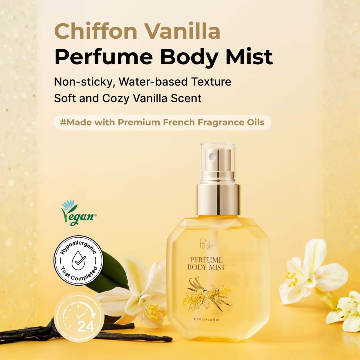Beauty of Majesty Körperspray Chiffon Vanilla Perfume Body Mist 110ml – Körperspray mit 24h, Vanilleduft, Niacinamid & Hyaluronsäure, koreanisches Duftspray