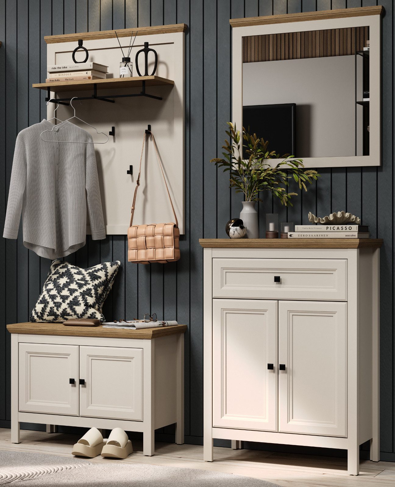 Furn.Design Garderoben-Set Cozy, (Flurgarderobe in Kaschmir mit Eiche Landhaus, 4-teilig, 160 x 200 cm), viel Stauraum und Soft-Close-Funktion
