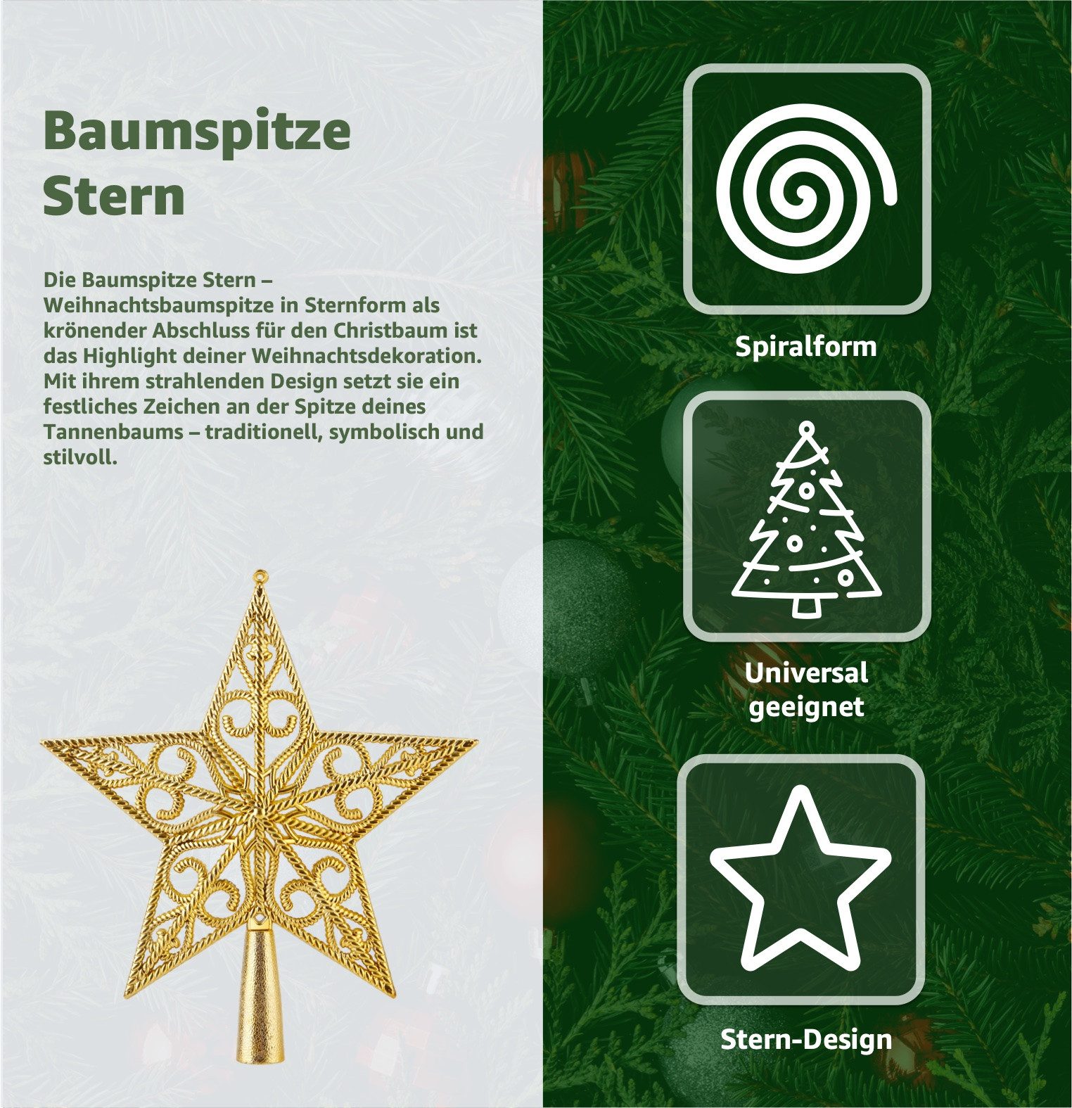 TK Gruppe Christbaumspitze Christbaumspitze für Weihnachtsbaum Baumspitze Aufsatz für Tannenbaum, wiederverwendbar