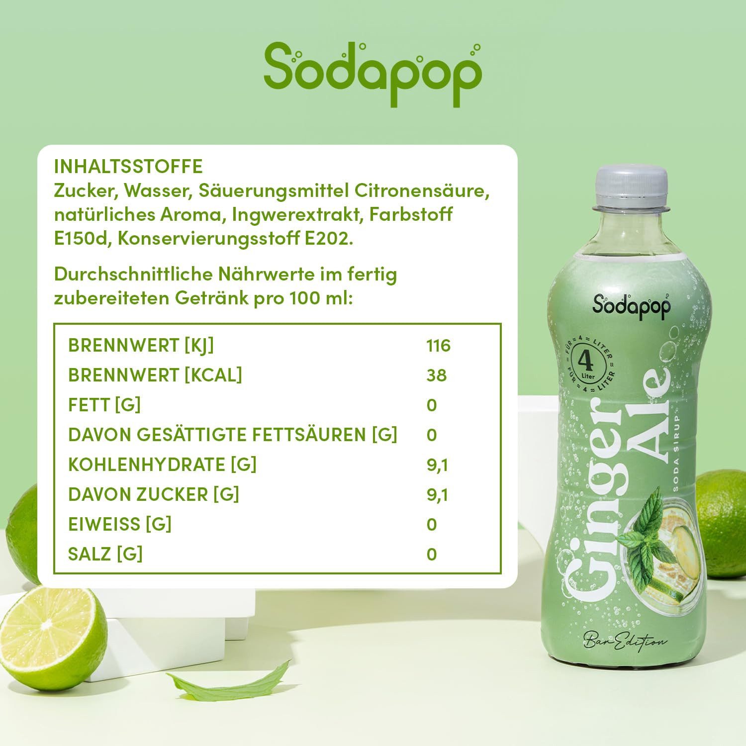 Sodapop Getränke-Sirup BAR Edition Sirup 3er Set (je 1 Flasche), 0,5 l, 500 ml, (Set, 1x Tonic Water, 1x Ginger Ale, 1x Bitter Lemon), Immer verdünnen! – Bild 4 von 5