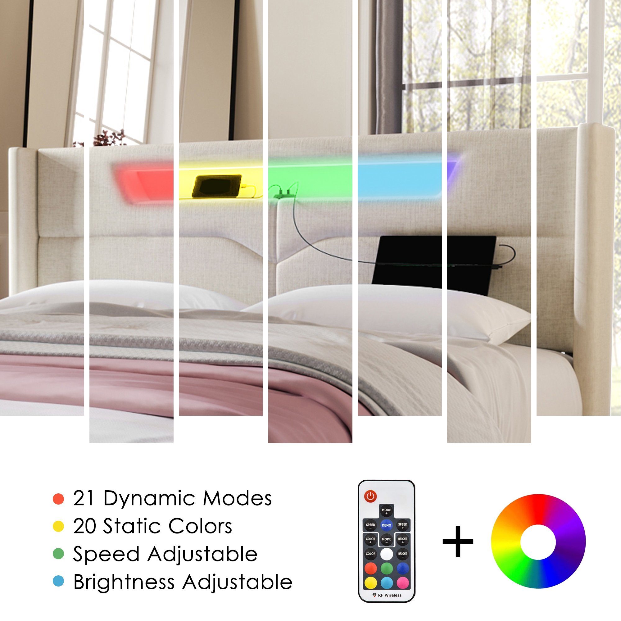 Polsterbett (Hydraulisches Bett mit Lattenrost und LED-Beleuchtung), Stauraumbett mit USB Typ C Ladefunktion Kopfteil, Leinen, 140x200cm