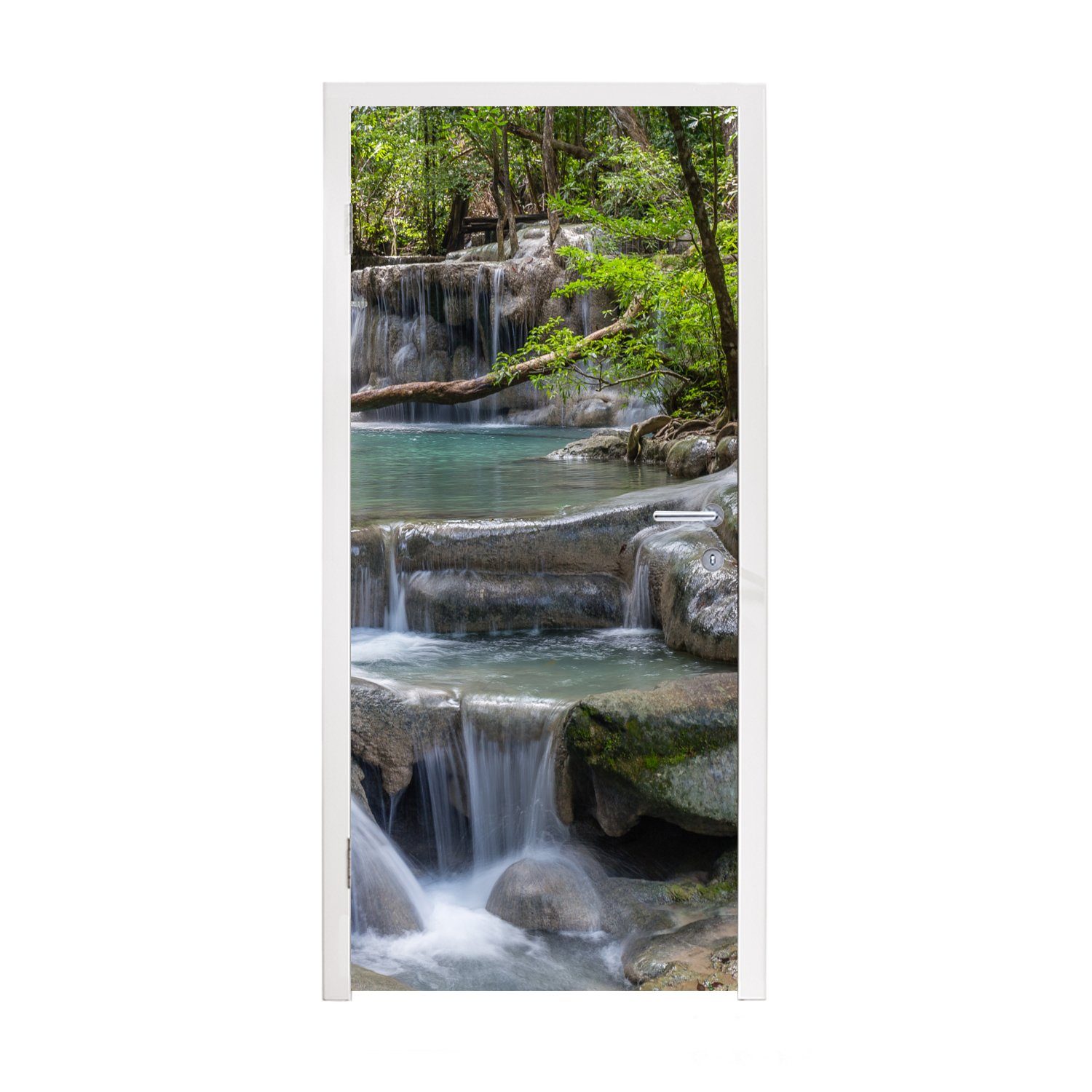 Matt, Park, 75x205 MuchoWow Asian Türaufkleber, Wasserfälle (1 im Erawan für Tür, National cm Fototapete St), bedruckt, Türtapete