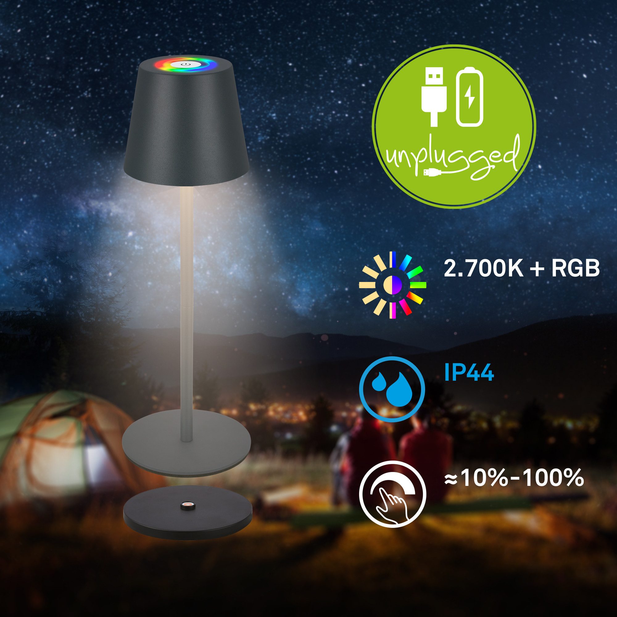 Briloner Leuchten LED Tischleuchte Akku Tischlampe kabellos mit Ladestation IP44 Outdoor/Indoor, LED fest integriert, Warmweiß, RGB, Wohnzimmer, Schlafzimmer, Ladestation, Terrasse, Garten, Balkon